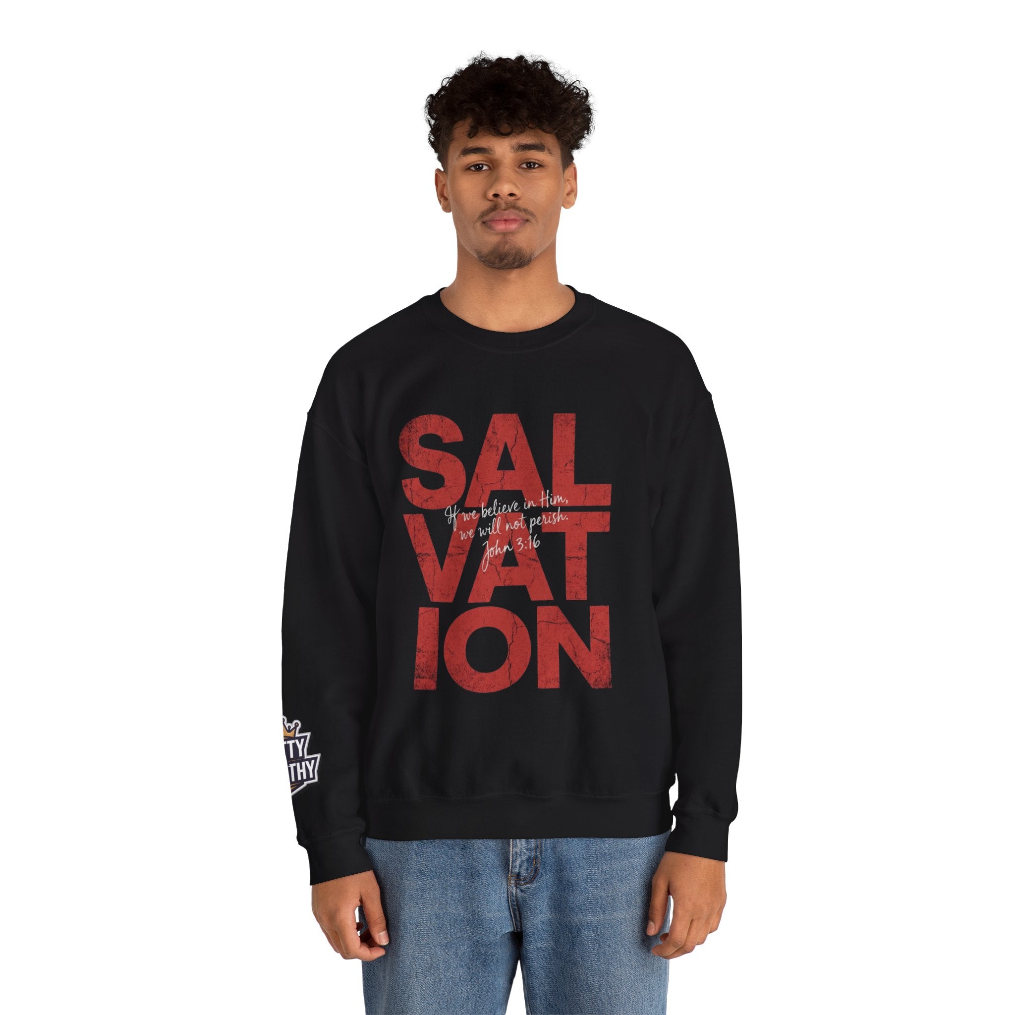 Salvation Graphic Sweatshirt — Distressed Red Text Crewneck