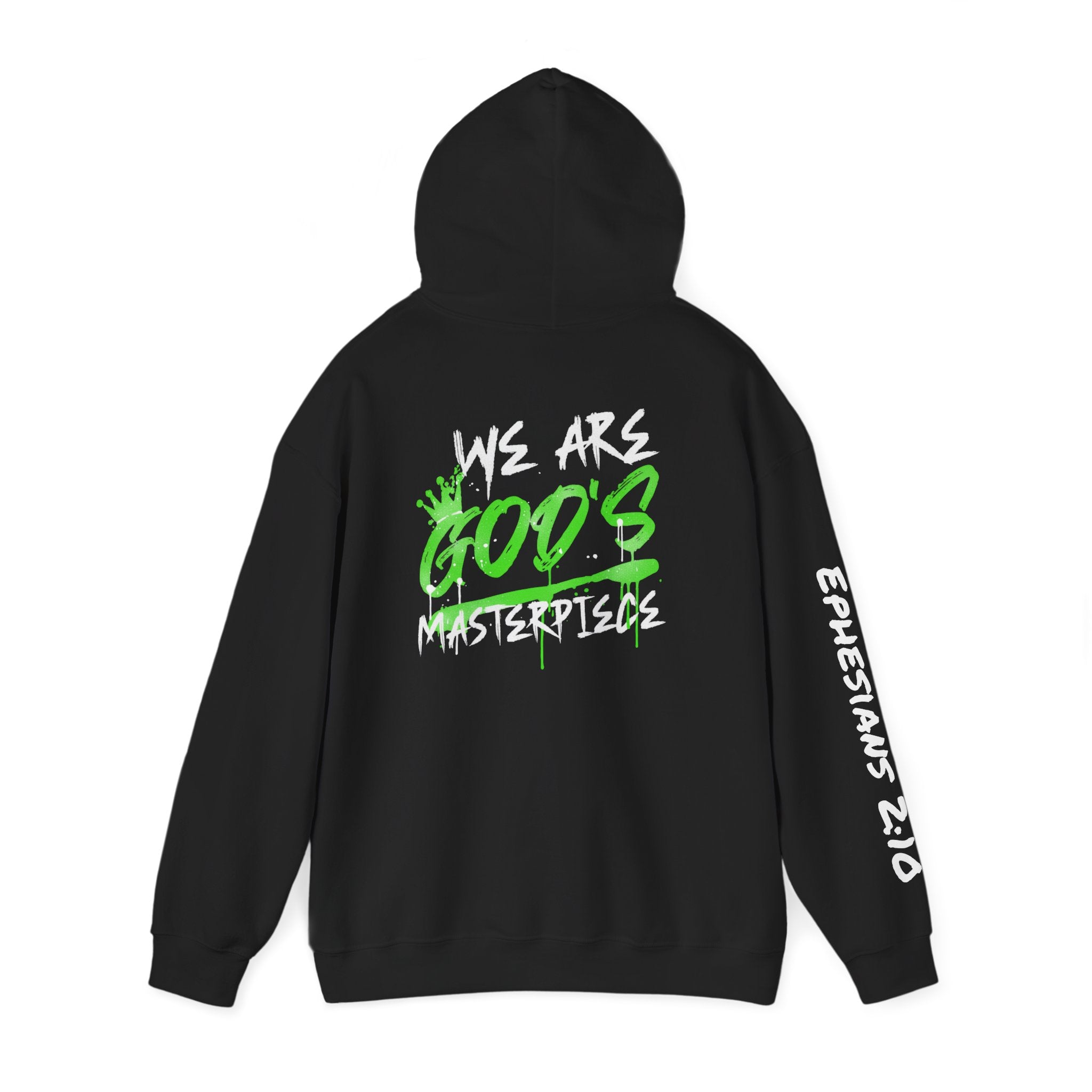 Hoodie — White 'God's' Neon Green Graffiti & Witty Worthy Chest Logo