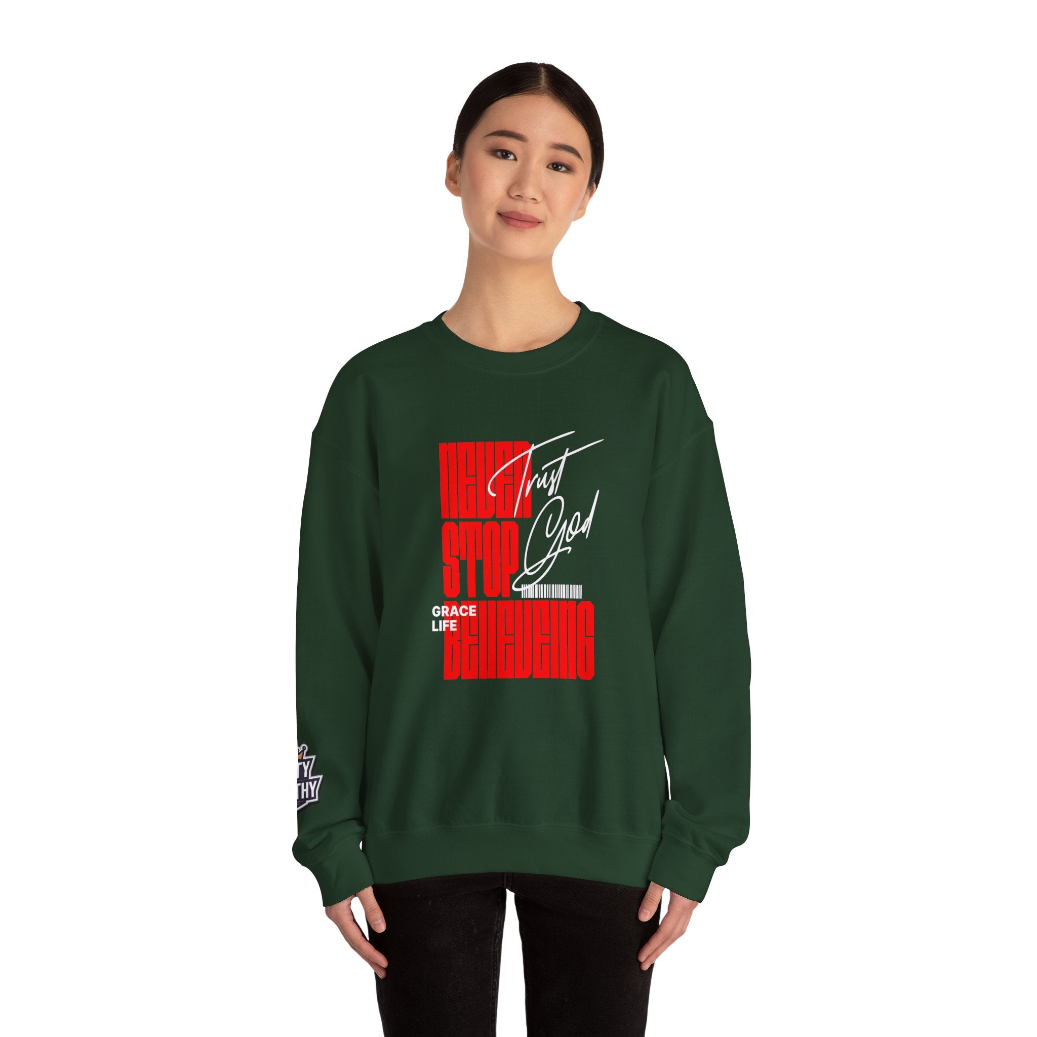 Crewneck Sweatshirt — "Never Stop Believing" Retro Vertical Typography