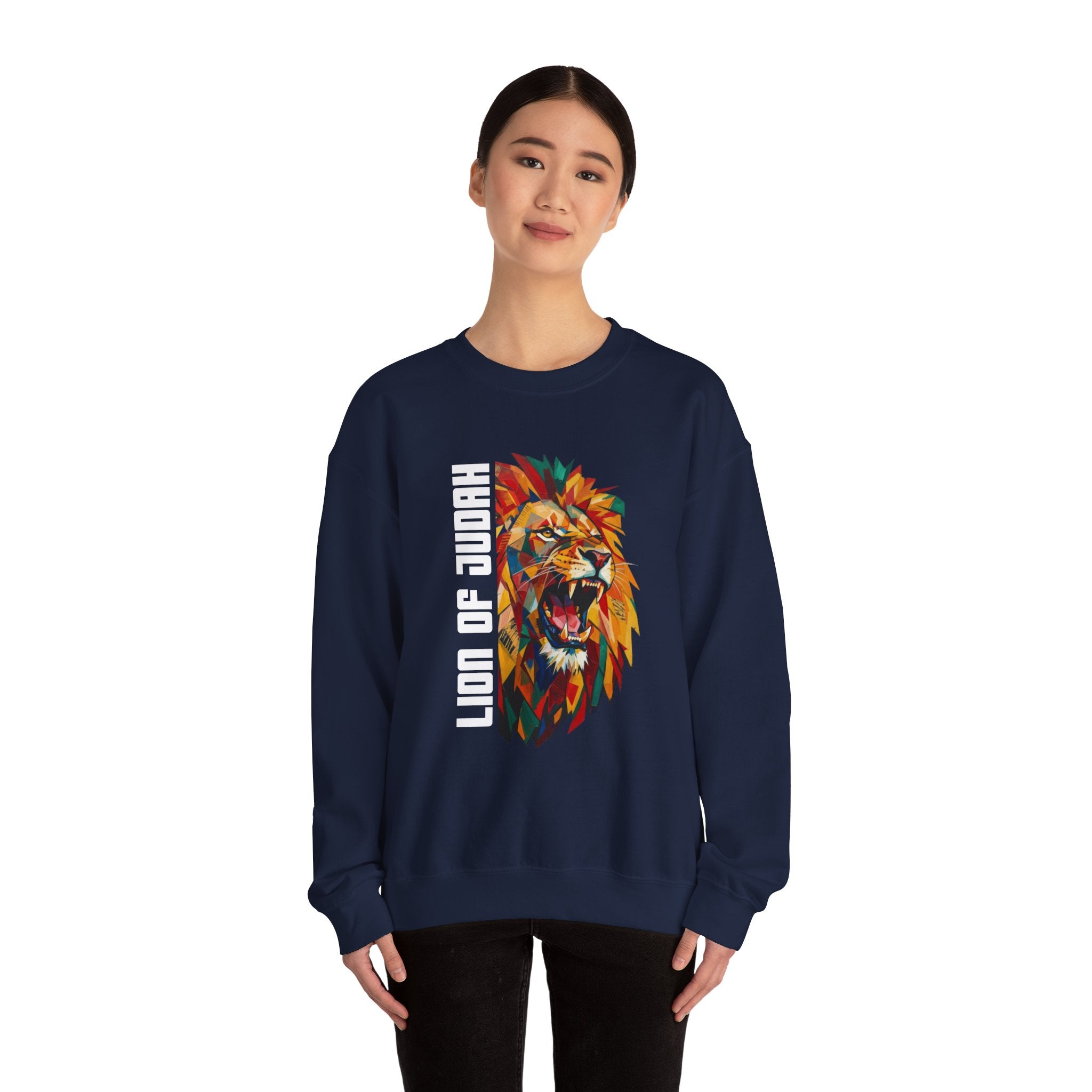 Lion of Judah Crewneck Sweatshirt — Colorful Roaring Lion Faith Graphic