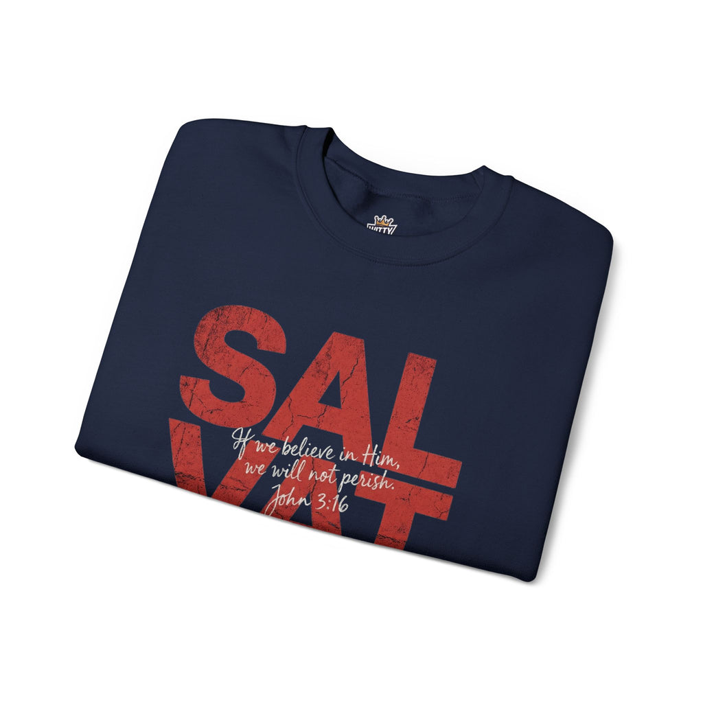 Salvation Graphic Sweatshirt — Distressed Red Text Crewneck