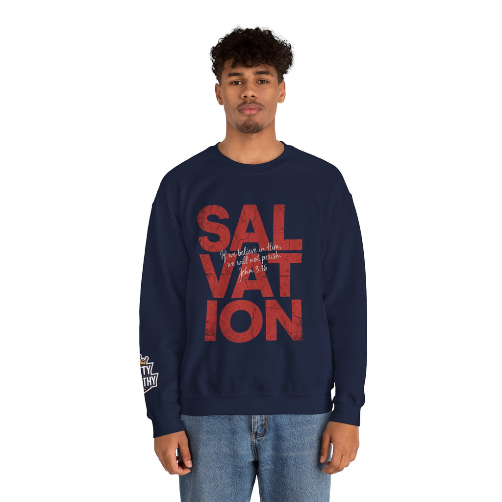 Salvation Graphic Sweatshirt — Distressed Red Text Crewneck