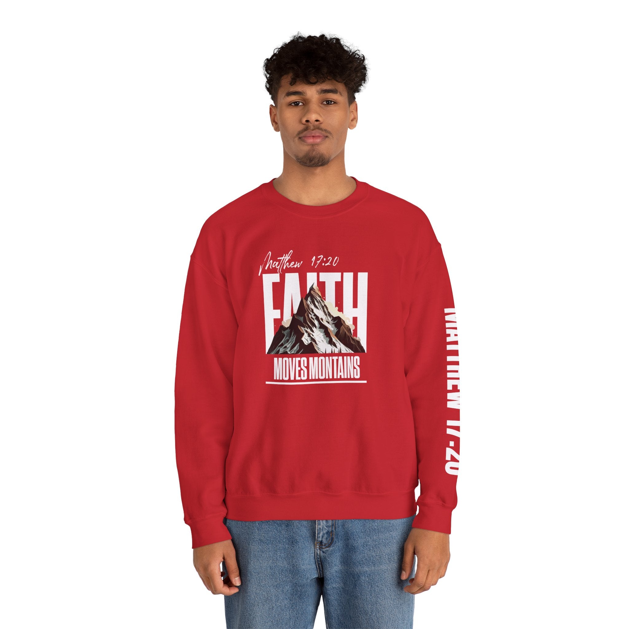 Crewneck Sweatshirt "Faith Moves Mountains" Mountain Graphic — Matthew 17:20 Christian Pullover