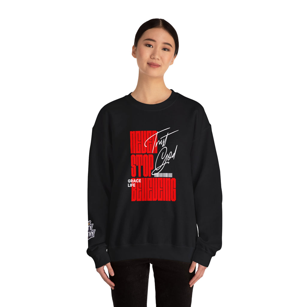 Crewneck Sweatshirt — "Never Stop Believing" Retro Vertical Typography