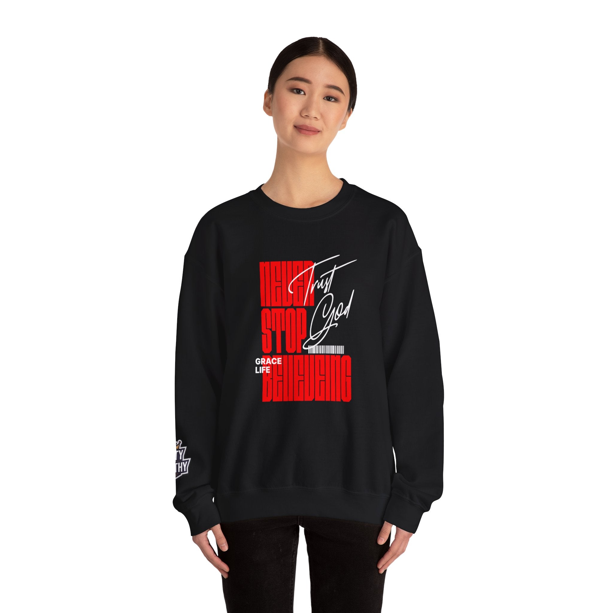 Crewneck Sweatshirt — "Never Stop Believing" Retro Vertical Typography