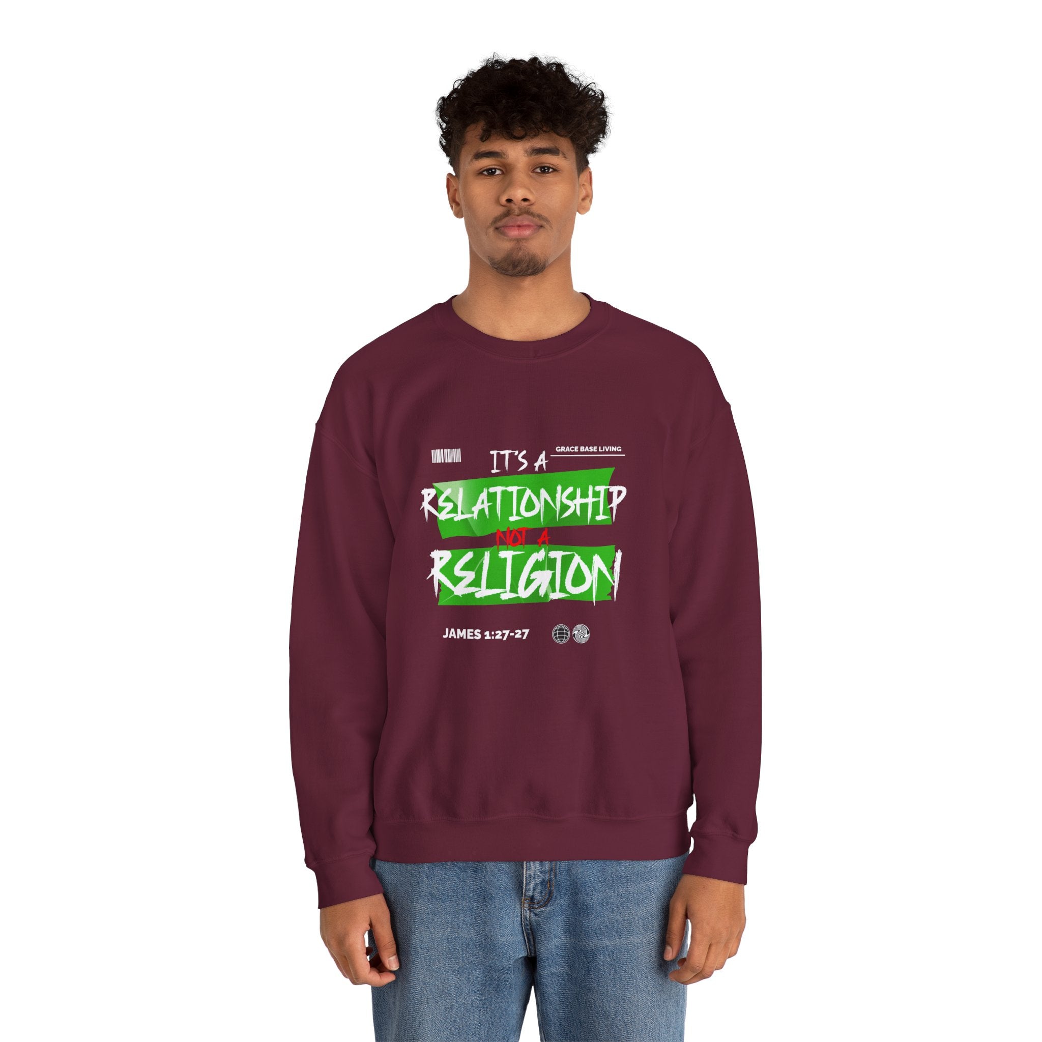 Crewneck Sweatshirt — "It's a Relationship Not a Religion" Christian Faith Graphic