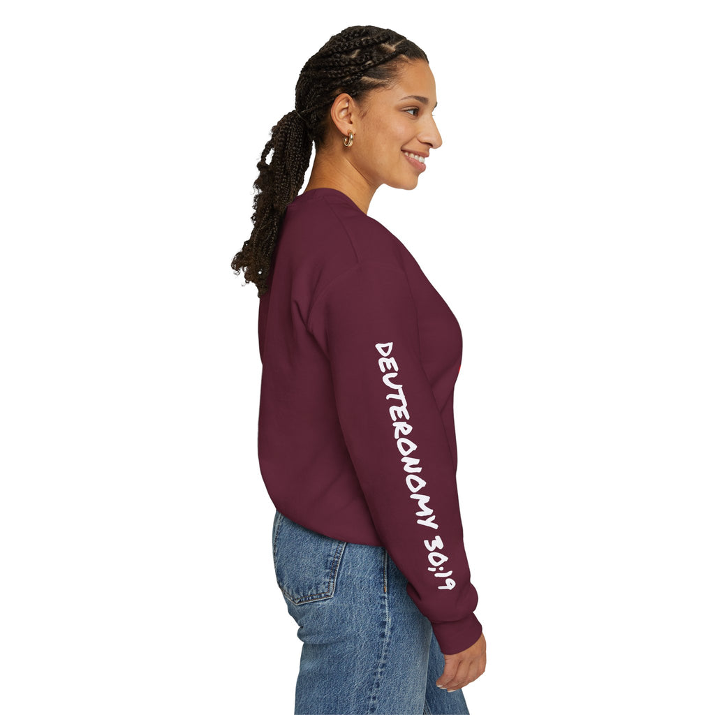 Crewneck Sweatshirt — "Death or Life" Design with Red "Choose Life" Script
