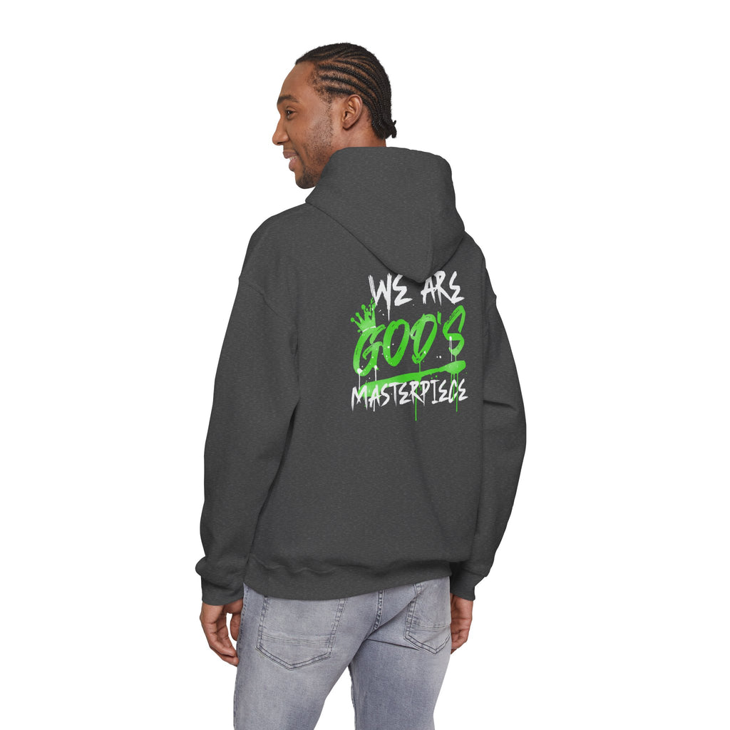 Hoodie — White 'God's' Neon Green Graffiti & Witty Worthy Chest Logo