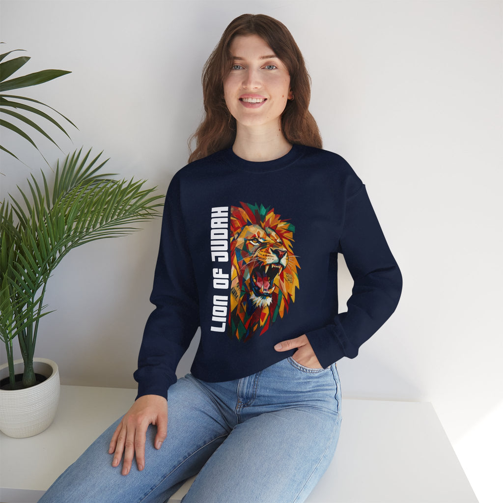 Lion of Judah Crewneck Sweatshirt — Colorful Roaring Lion Faith Graphic