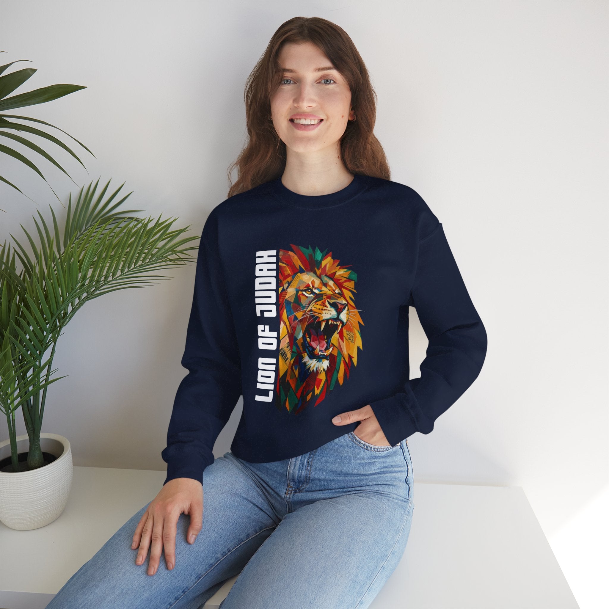Lion of Judah Crewneck Sweatshirt — Colorful Roaring Lion Faith Graphic