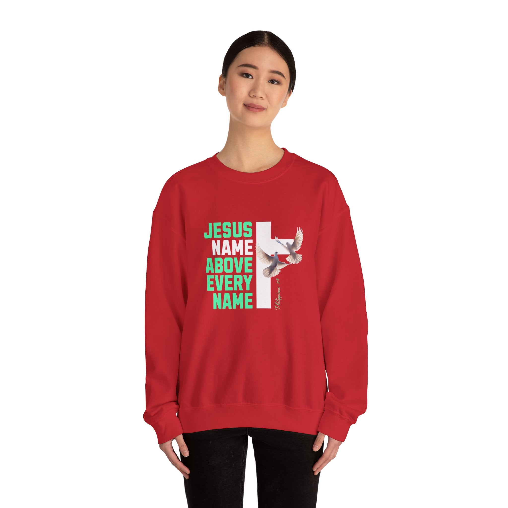 Jesus Name Above Every Name Sweatshirt — Christian Cross & Dove Crewneck