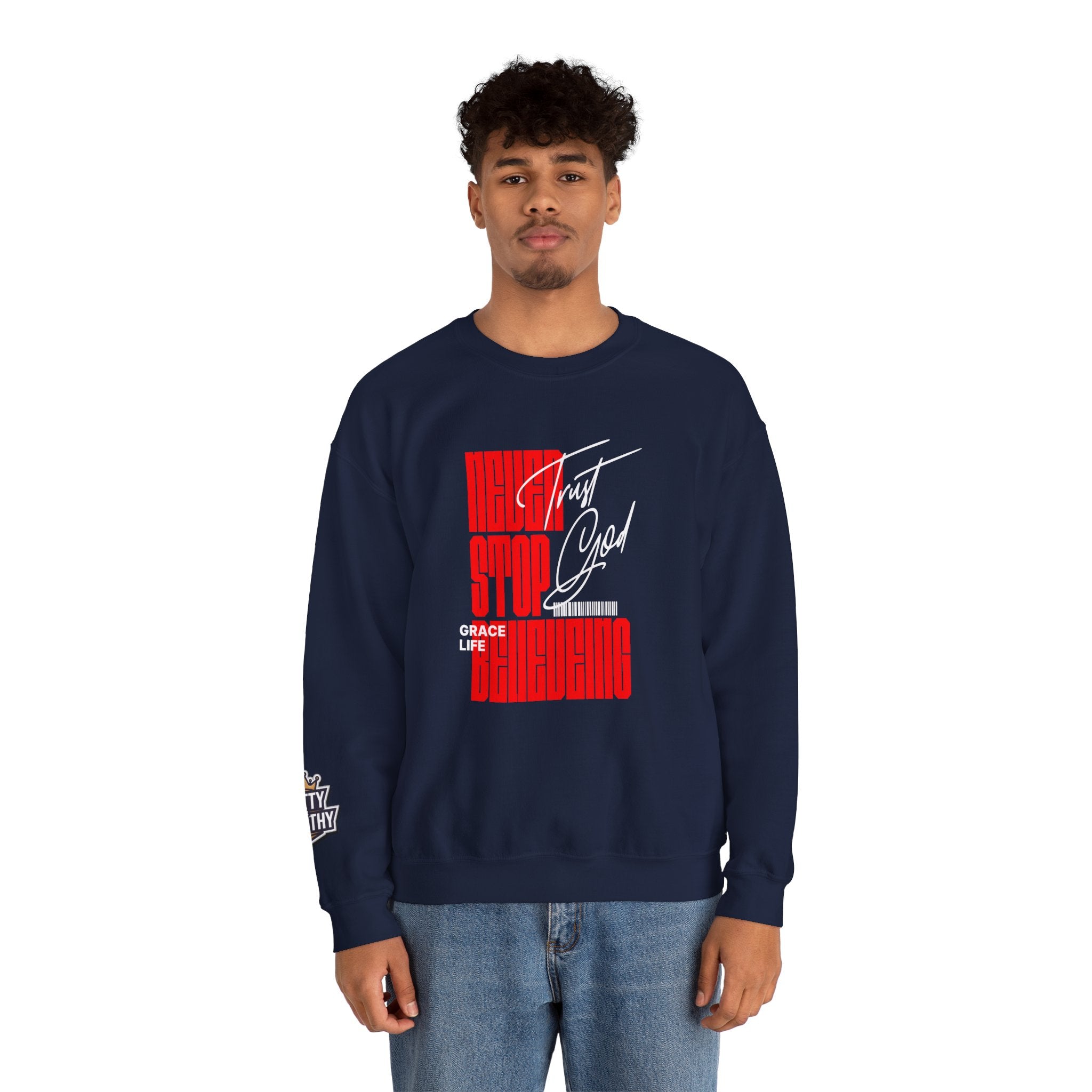 Crewneck Sweatshirt — "Never Stop Believing" Retro Vertical Typography