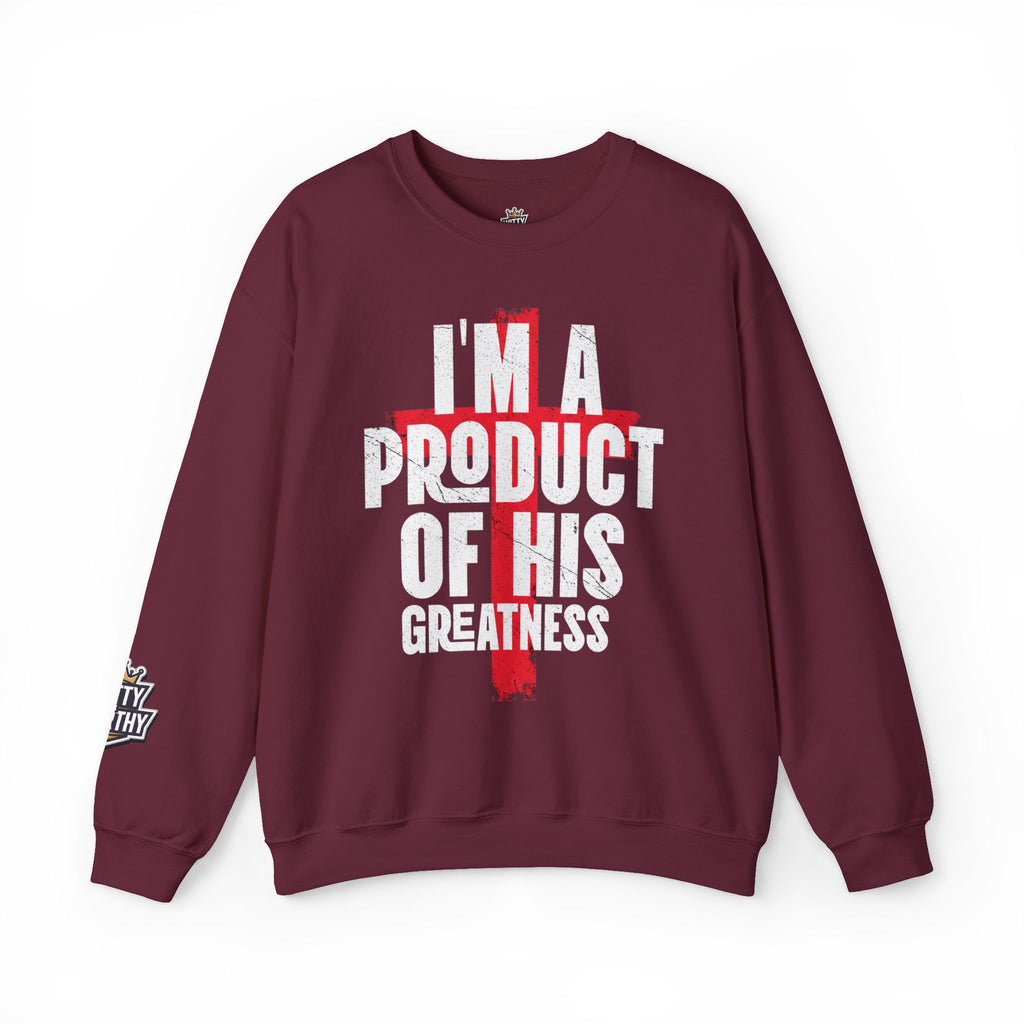 Christian Crewneck Sweatshirt - "I'm A Product Of His Greatness" Cross Design