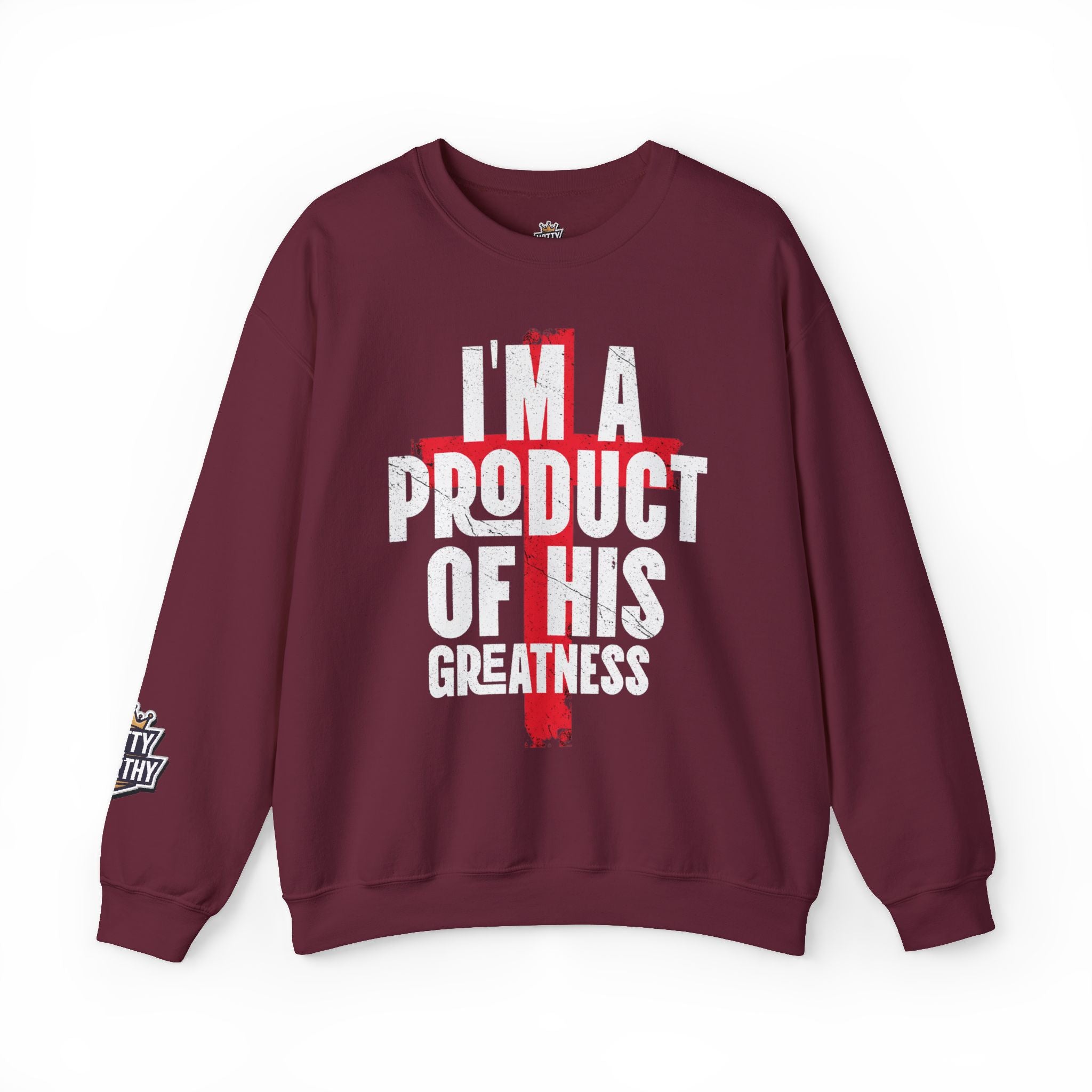 Christian Crewneck Sweatshirt - "I'm A Product Of His Greatness" Cross Design