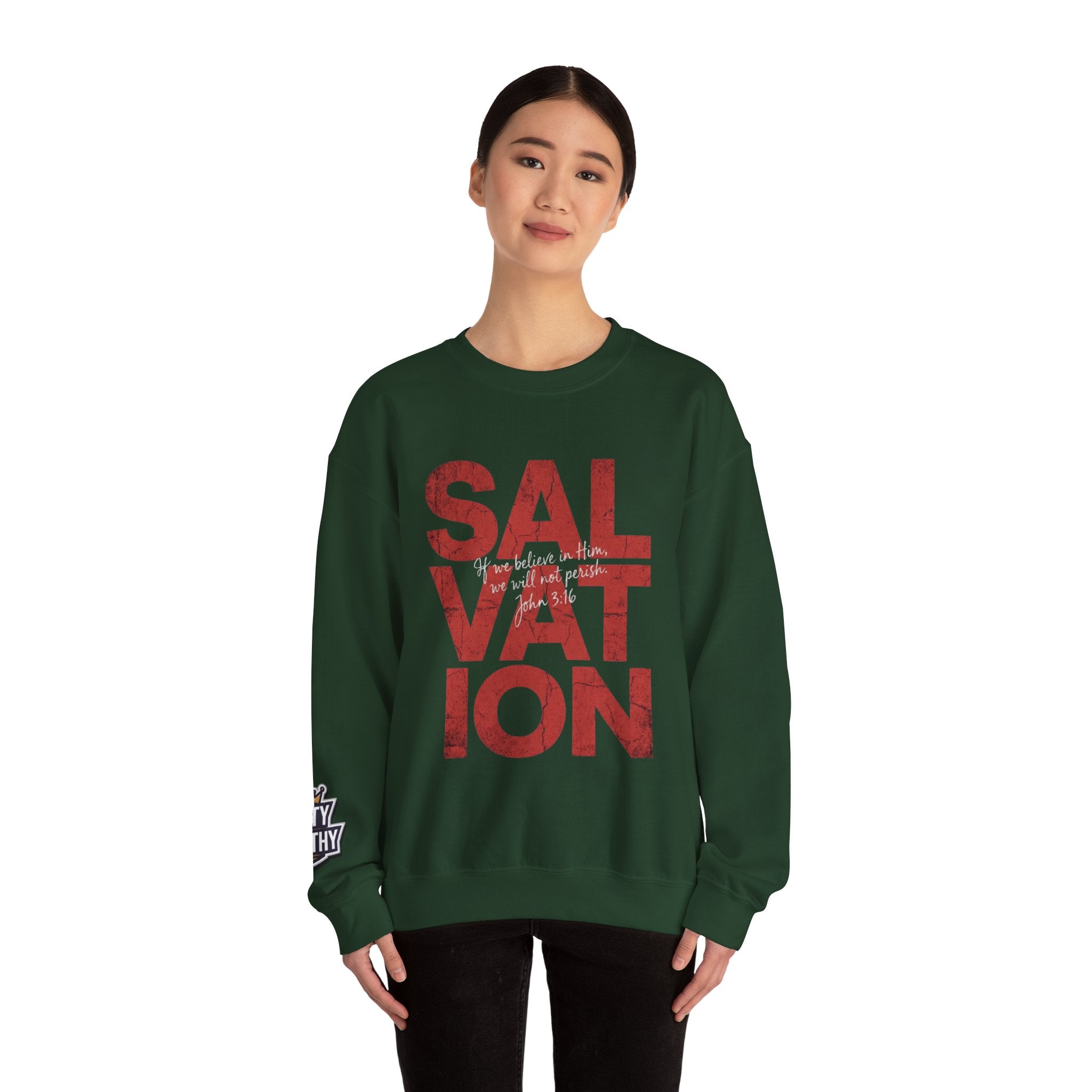 Salvation Graphic Sweatshirt — Distressed Red Text Crewneck