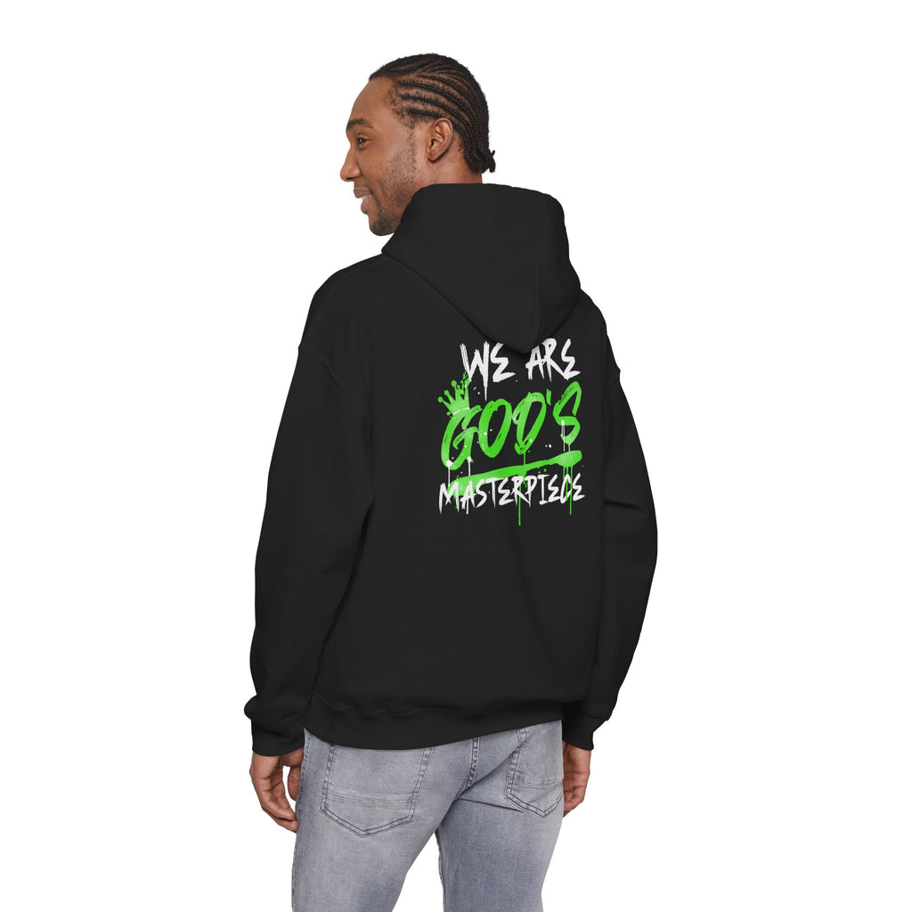 Hoodie — White 'God's' Neon Green Graffiti & Witty Worthy Chest Logo