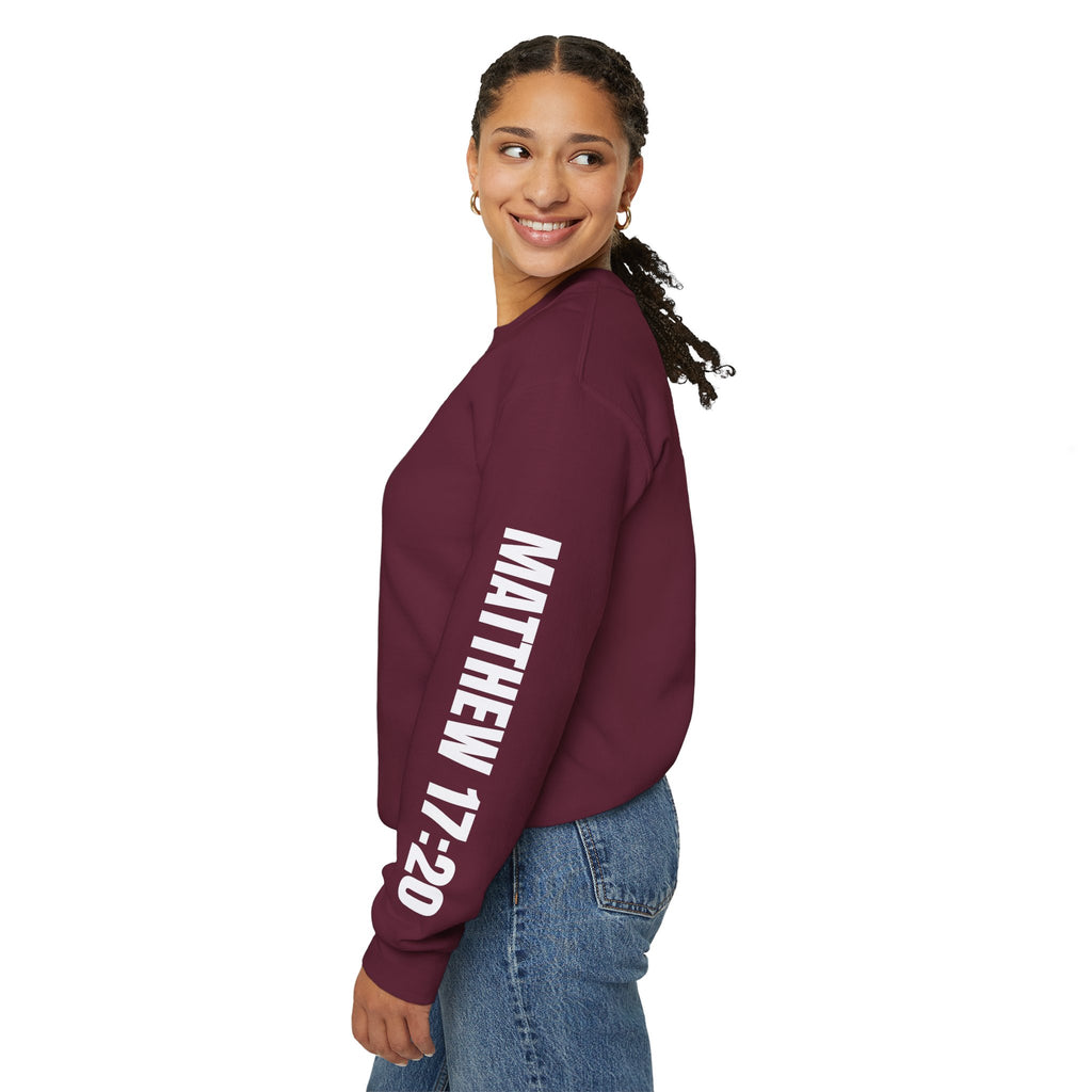 Crewneck Sweatshirt "Faith Moves Mountains" Mountain Graphic — Matthew 17:20 Christian Pullover