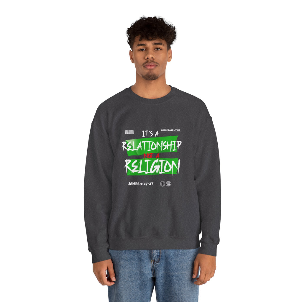 Crewneck Sweatshirt — "It's a Relationship Not a Religion" Christian Faith Graphic