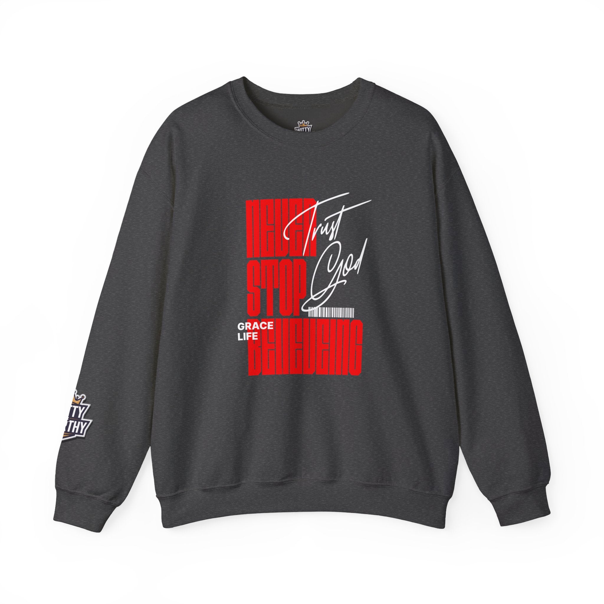 Crewneck Sweatshirt — "Never Stop Believing" Retro Vertical Typography