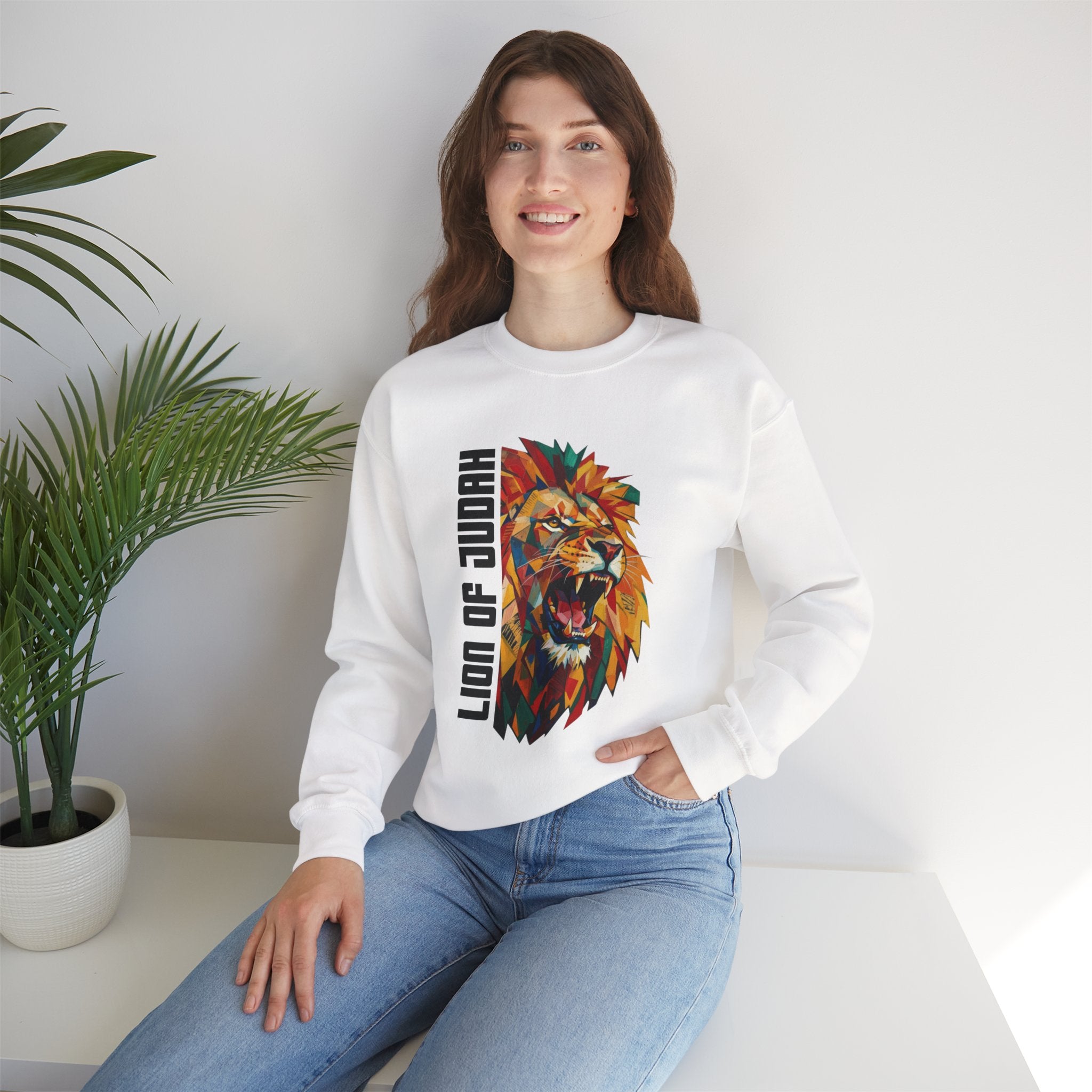 Lion of Judah Crewneck Sweatshirt — Colorful Roaring Lion Faith Graphic