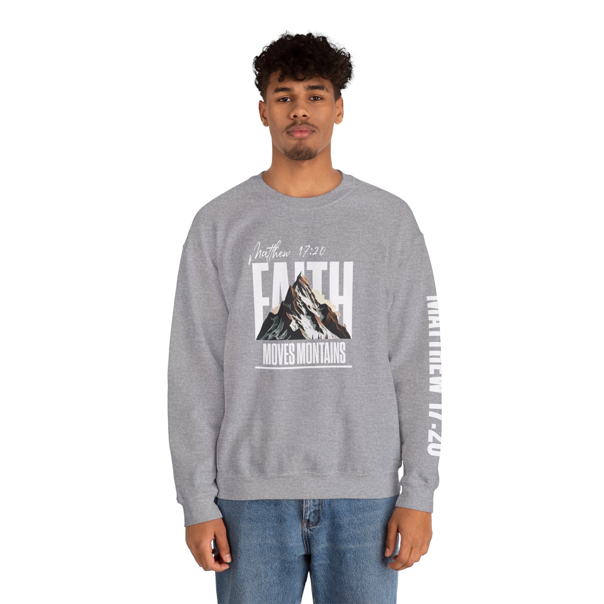 Crewneck Sweatshirt "Faith Moves Mountains" Mountain Graphic — Matthew 17:20 Christian Pullover