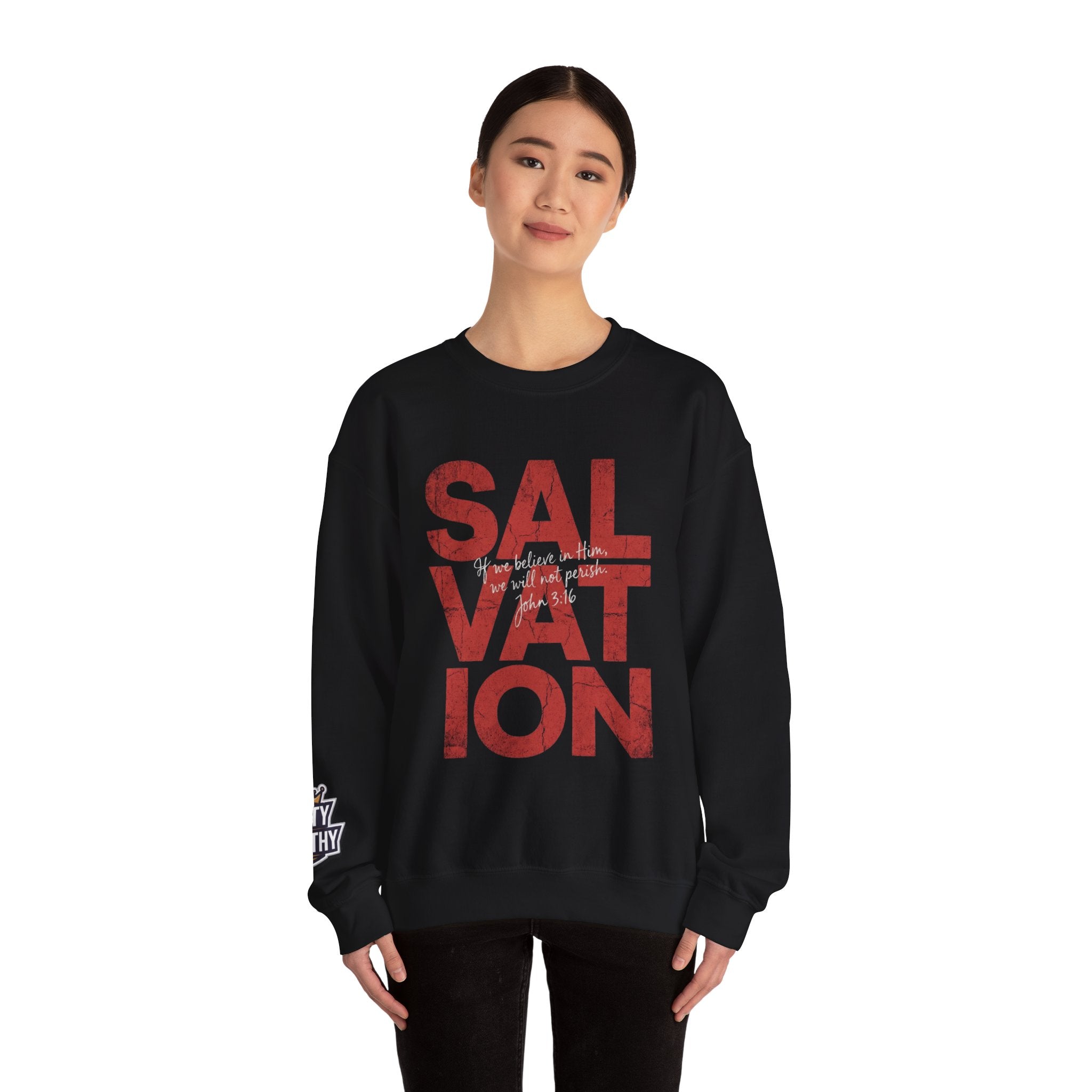 Salvation Graphic Sweatshirt — Distressed Red Text Crewneck