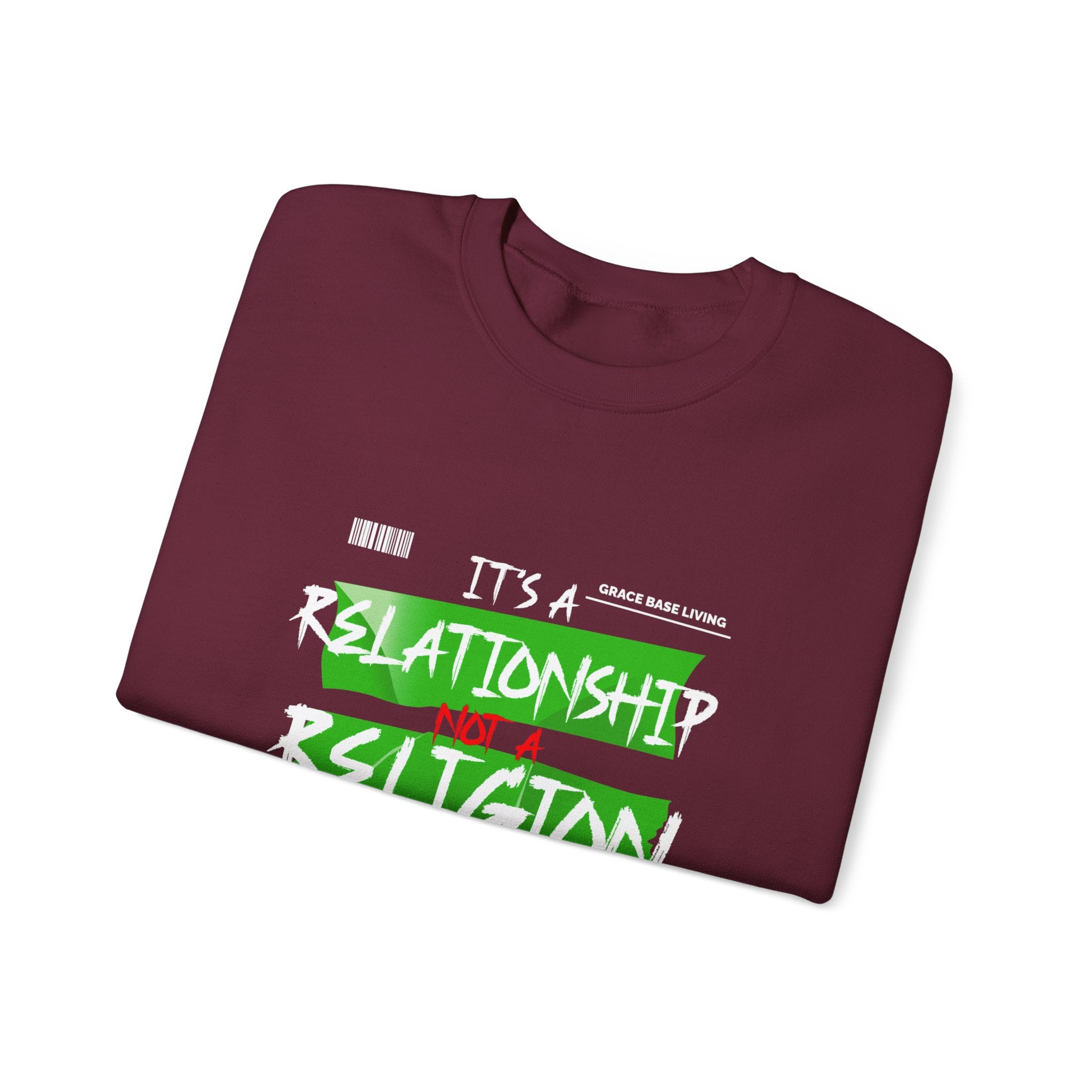 Crewneck Sweatshirt — "It's a Relationship Not a Religion" Christian Faith Graphic