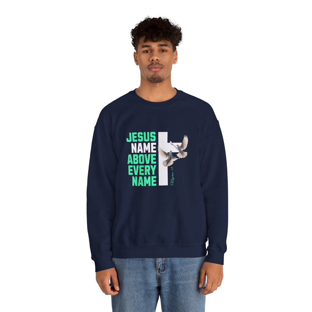 Jesus Name Above Every Name Sweatshirt — Christian Cross & Dove Crewneck