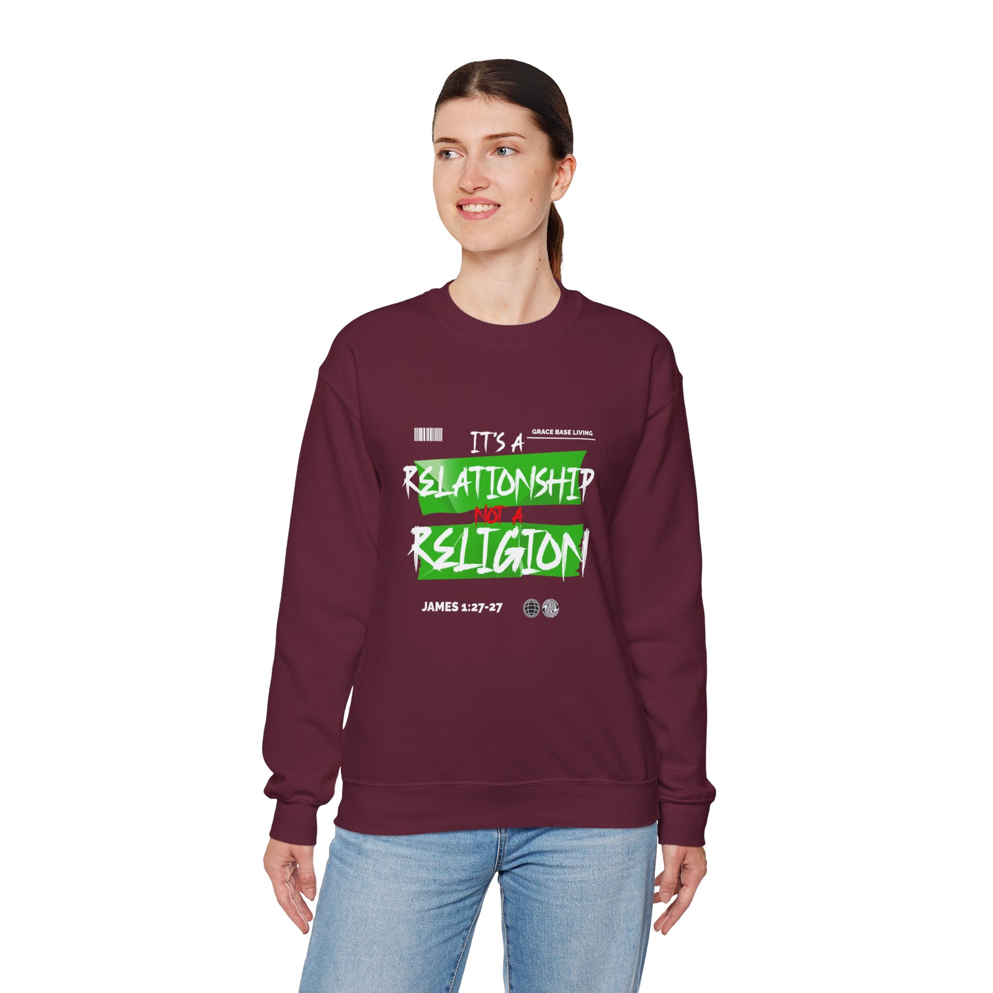Crewneck Sweatshirt — "It's a Relationship Not a Religion" Christian Faith Graphic