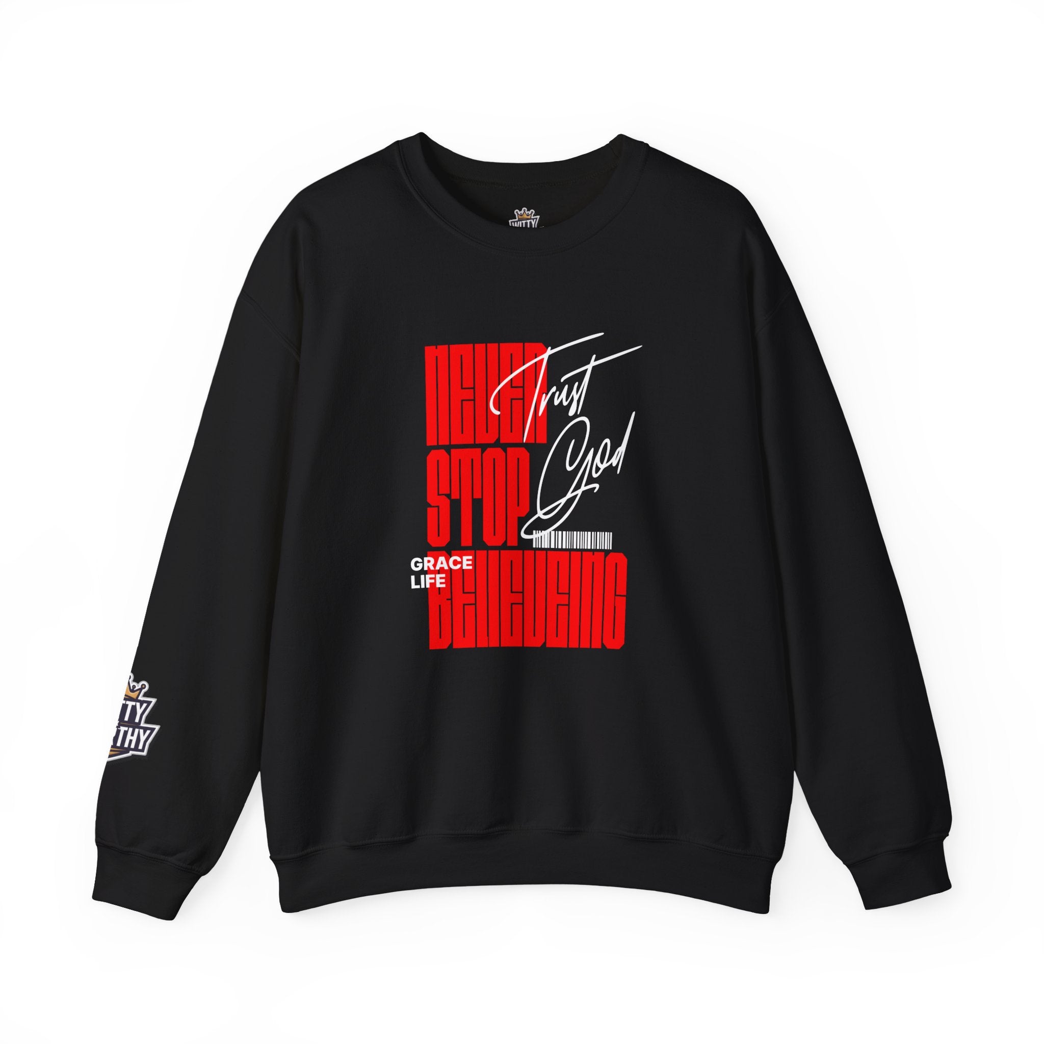 Crewneck Sweatshirt — "Never Stop Believing" Retro Vertical Typography