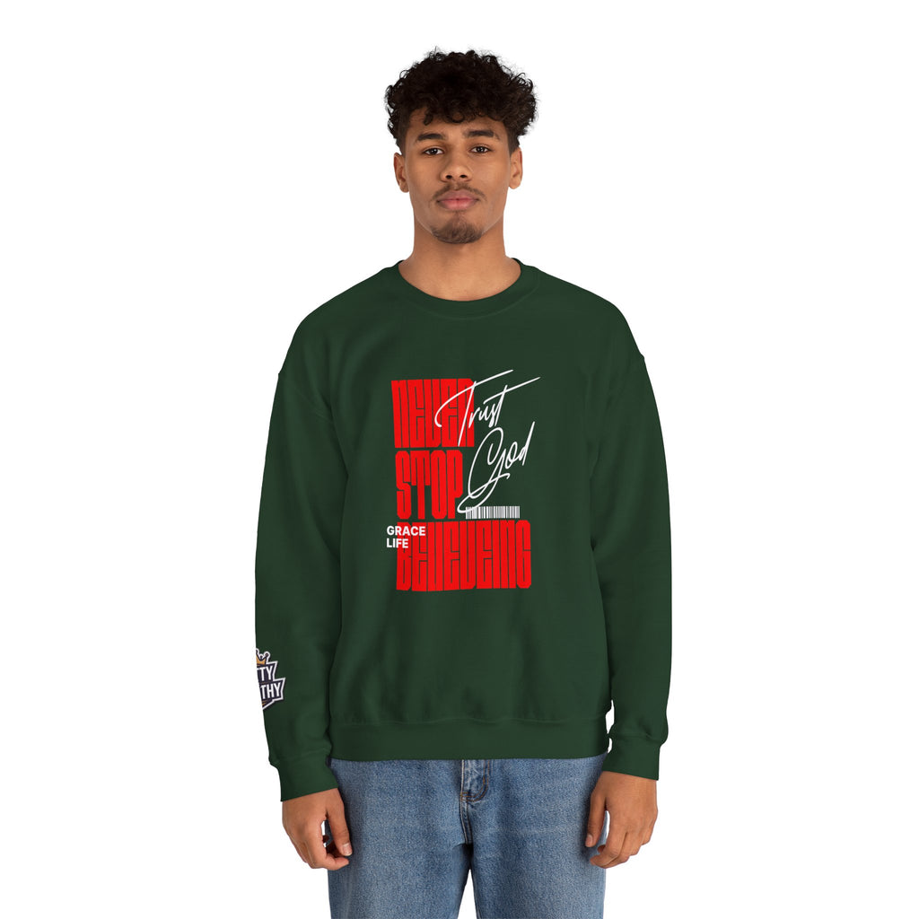 Crewneck Sweatshirt — "Never Stop Believing" Retro Vertical Typography