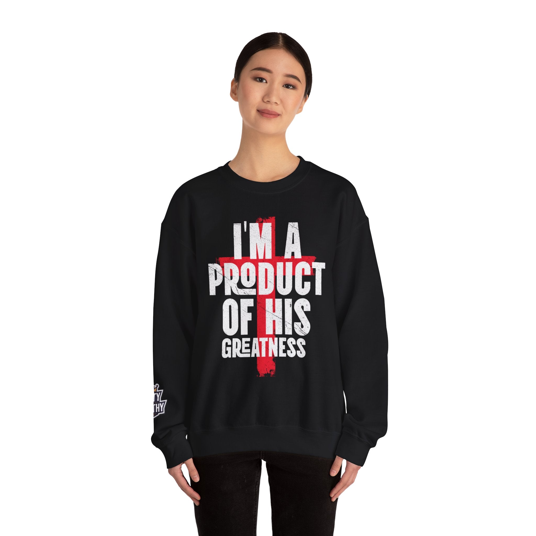 Christian Crewneck Sweatshirt - "I'm A Product Of His Greatness" Cross Design