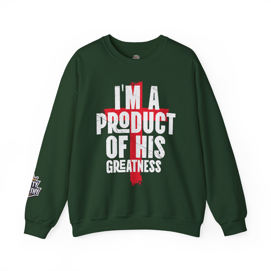 Christian Crewneck Sweatshirt - "I'm A Product Of His Greatness" Cross Design