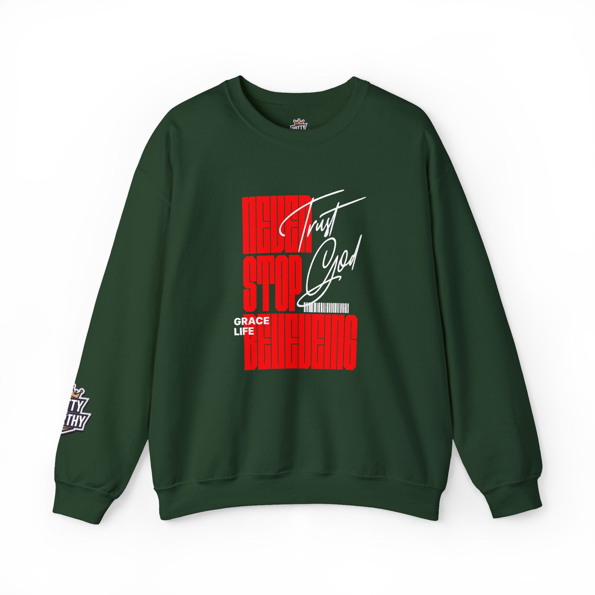 Crewneck Sweatshirt — "Never Stop Believing" Retro Vertical Typography