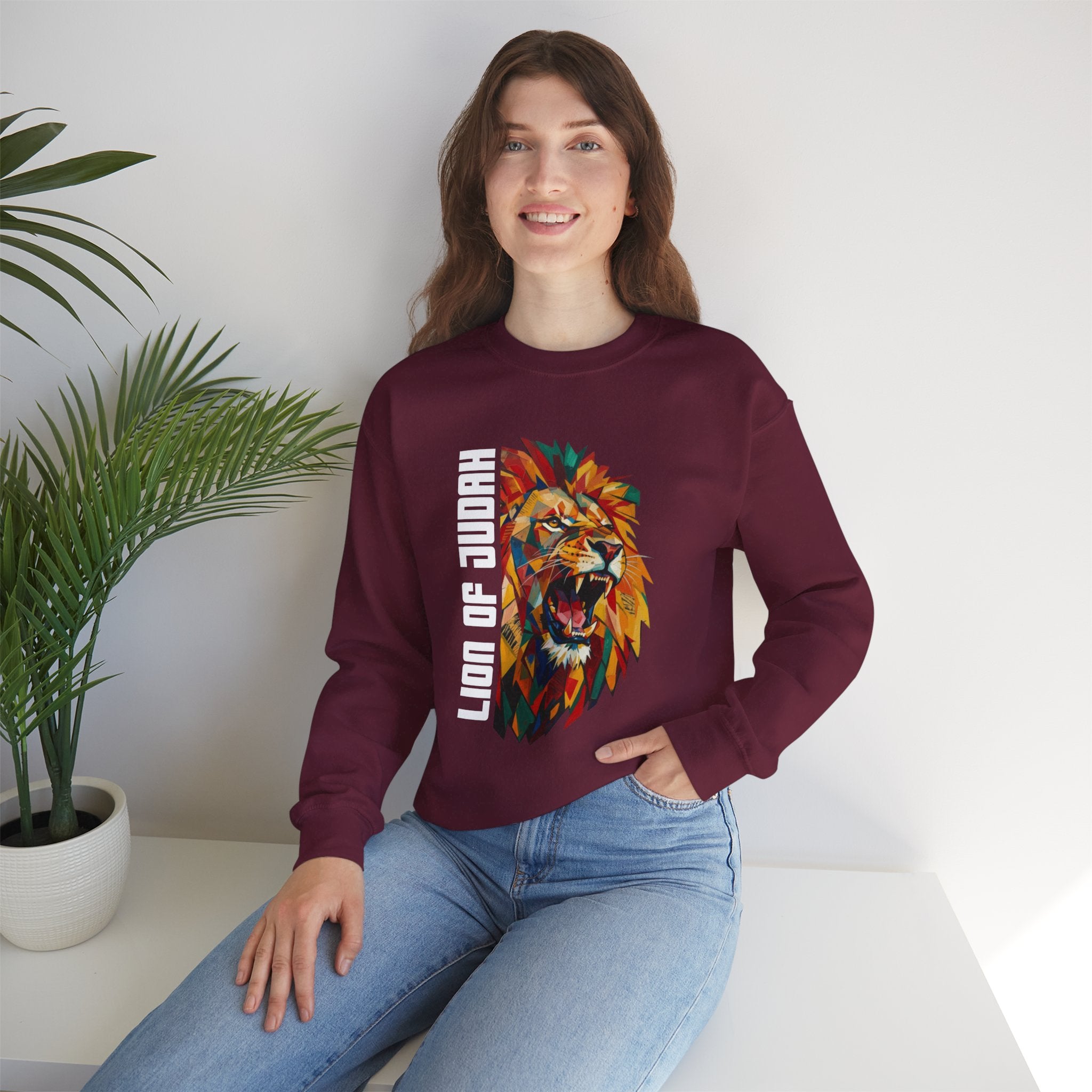 Lion of Judah Crewneck Sweatshirt — Colorful Roaring Lion Faith Graphic