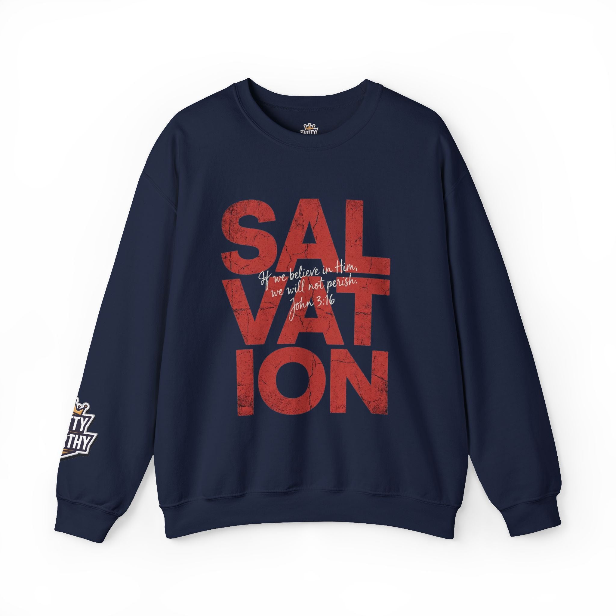 Salvation Graphic Sweatshirt — Distressed Red Text Crewneck