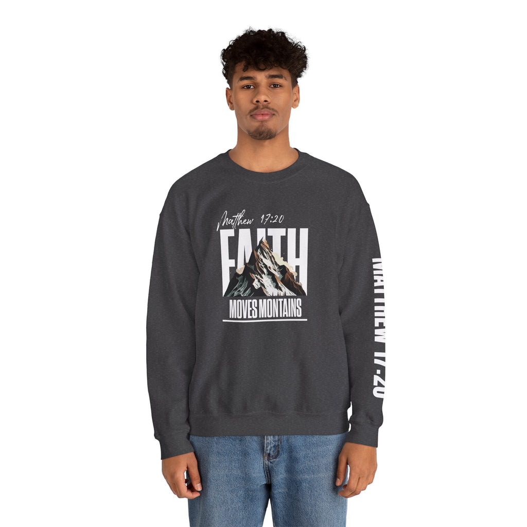 Crewneck Sweatshirt "Faith Moves Mountains" Mountain Graphic — Matthew 17:20 Christian Pullover