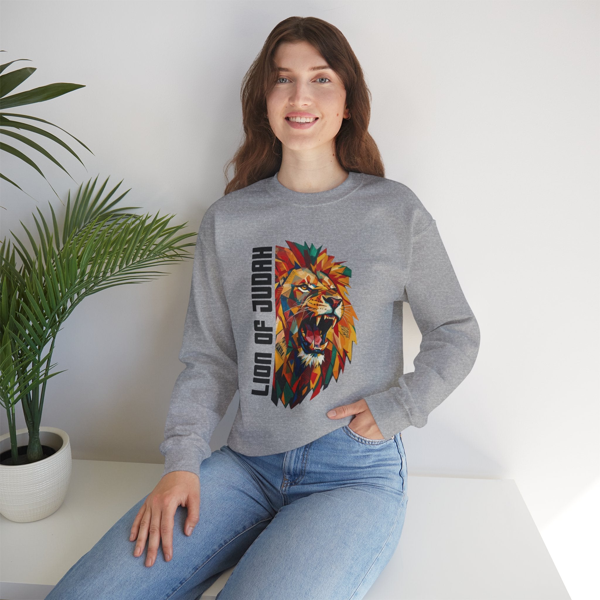 Lion of Judah Crewneck Sweatshirt — Colorful Roaring Lion Faith Graphic
