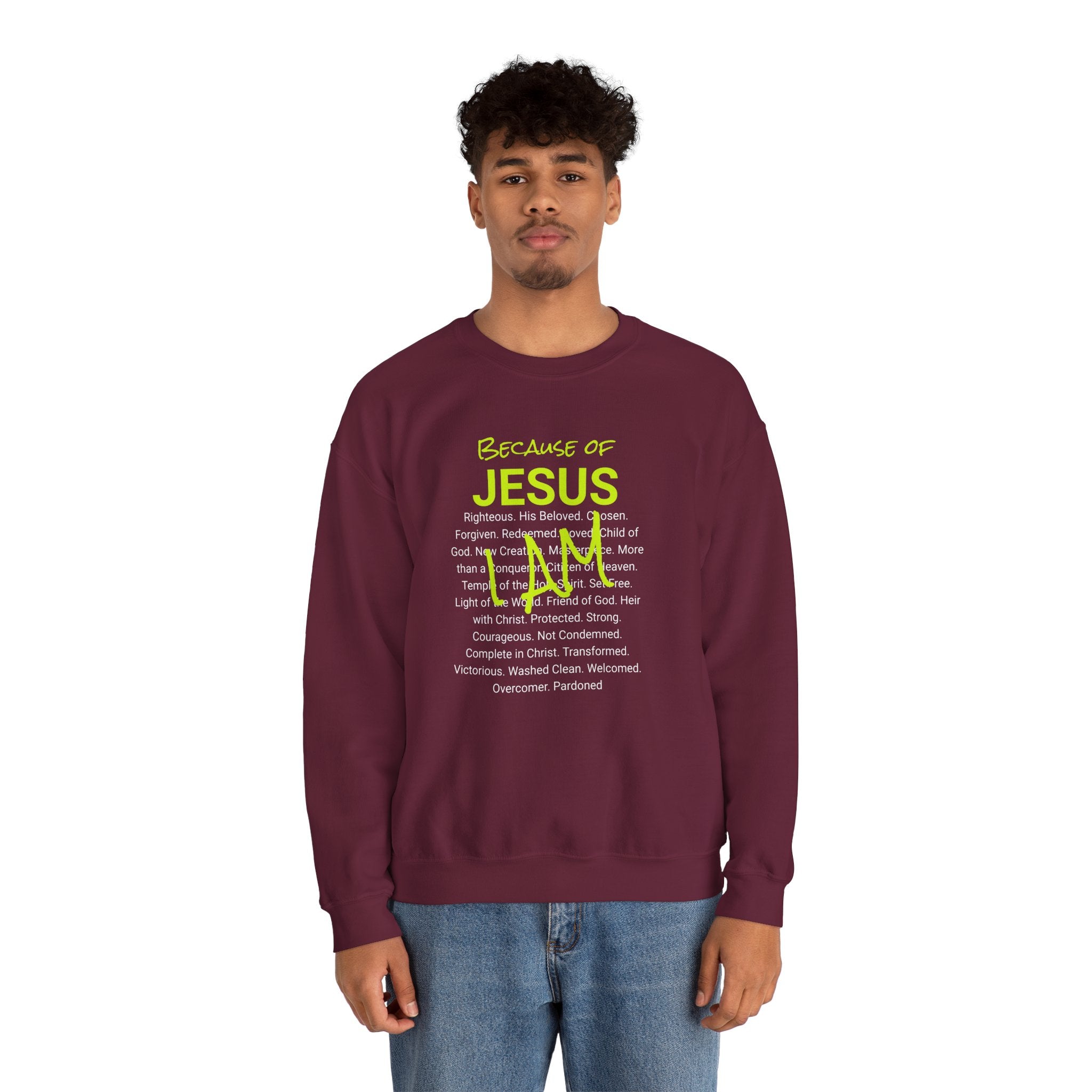 Crewneck Sweatshirt — "Saved" Faith-Based Affirmation Sweatshirt (Righteous • Redeemed • Loved)