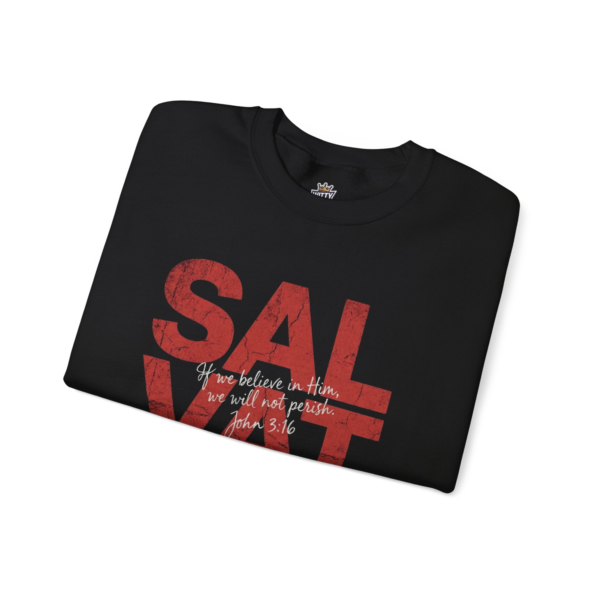 Salvation Graphic Sweatshirt — Distressed Red Text Crewneck