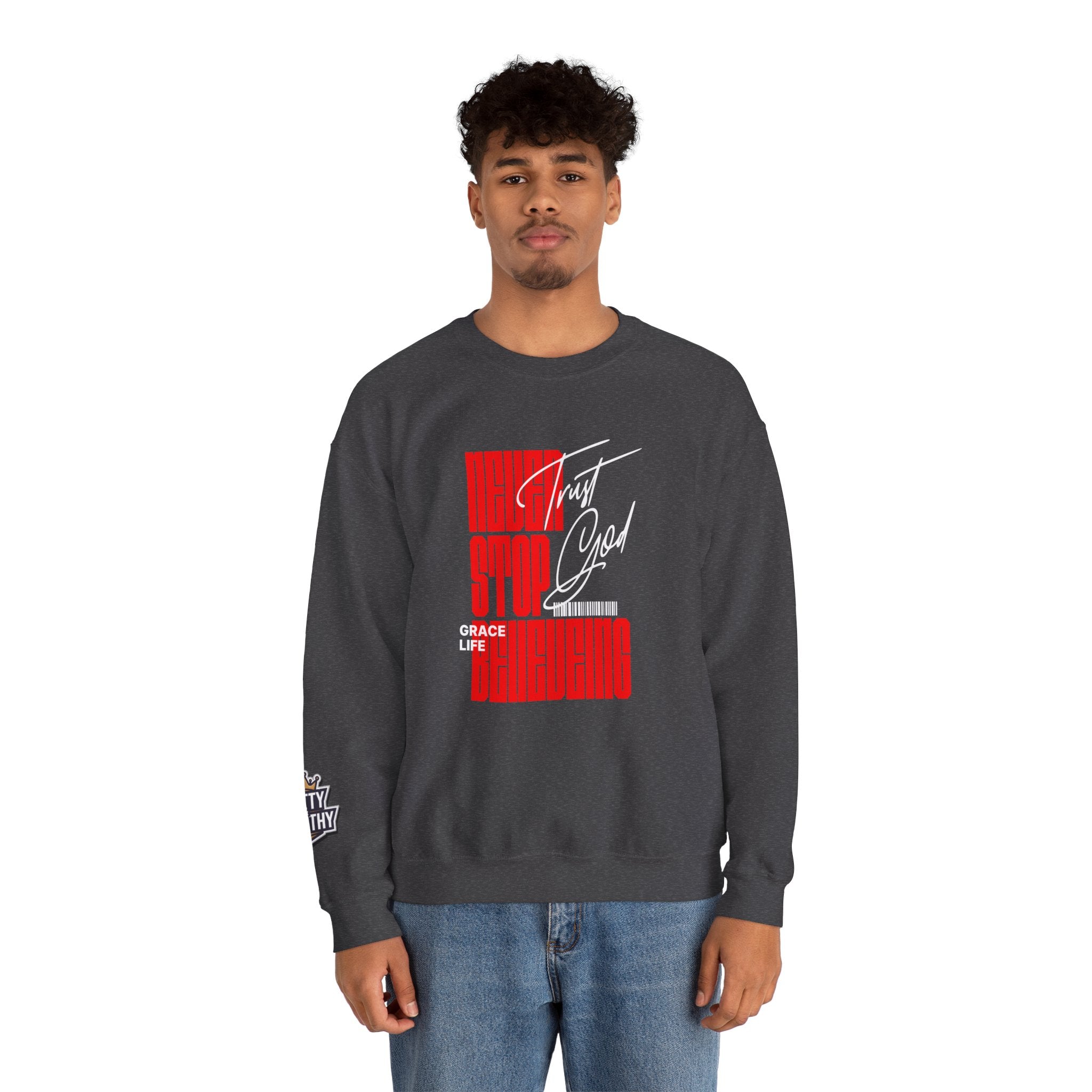 Crewneck Sweatshirt — "Never Stop Believing" Retro Vertical Typography