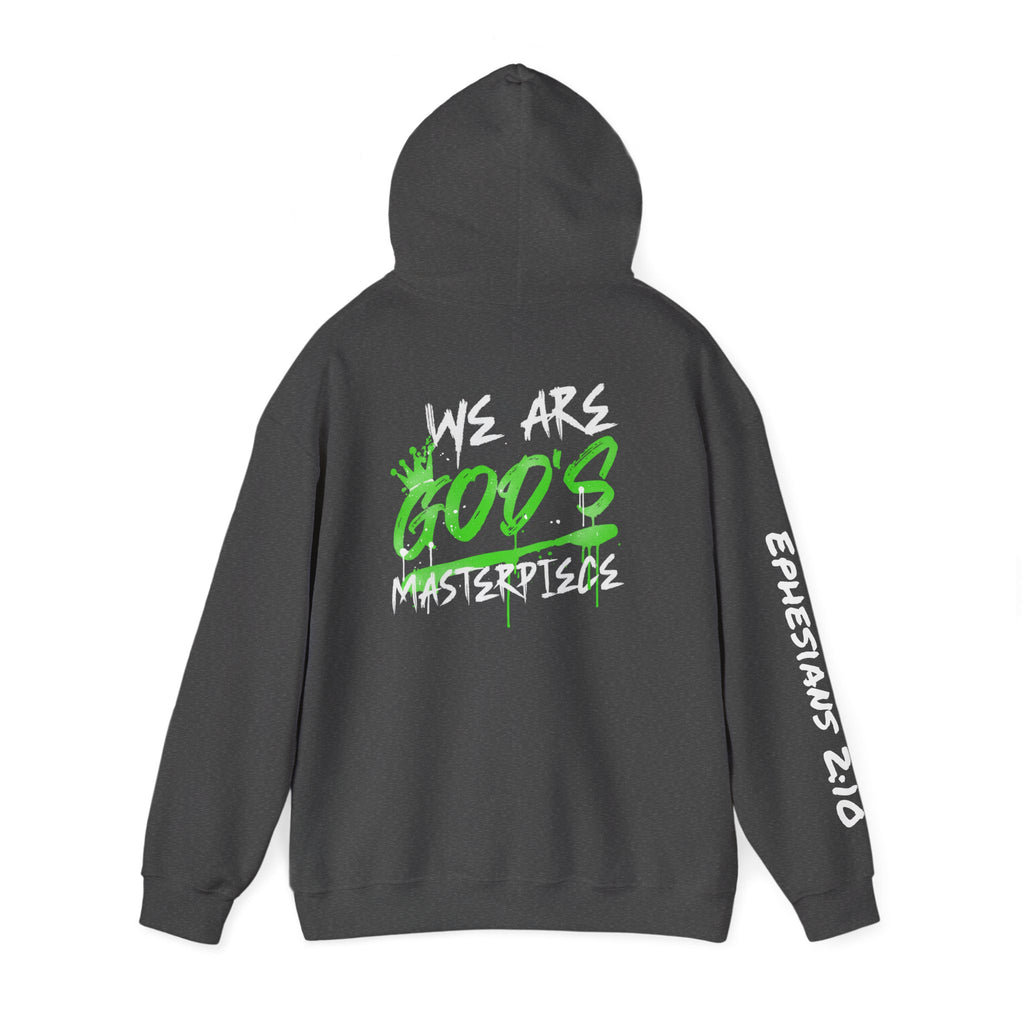 Hoodie — White 'God's' Neon Green Graffiti & Witty Worthy Chest Logo