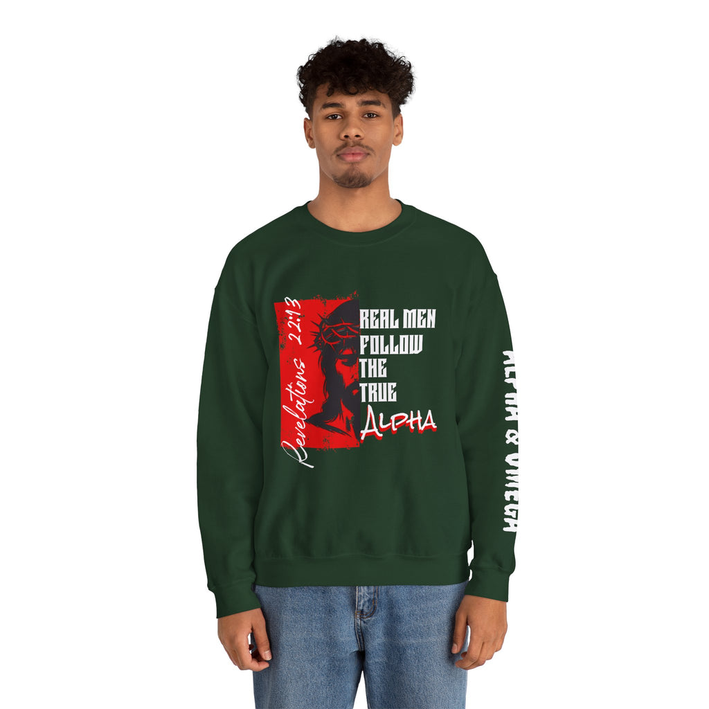 Crewneck Sweatshirt — “Real Men Follow the True Alpha” Graphic Pullover