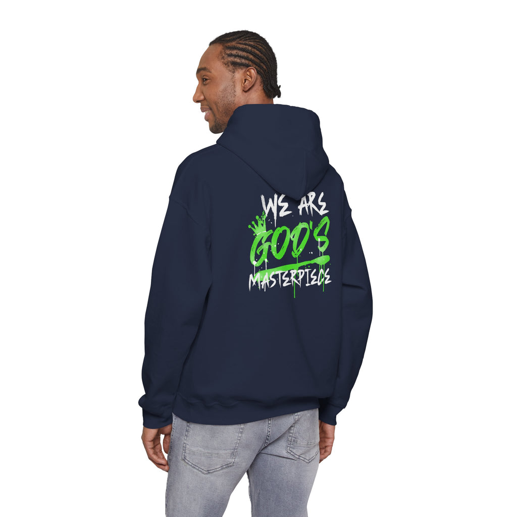 Hoodie — White 'God's' Neon Green Graffiti & Witty Worthy Chest Logo