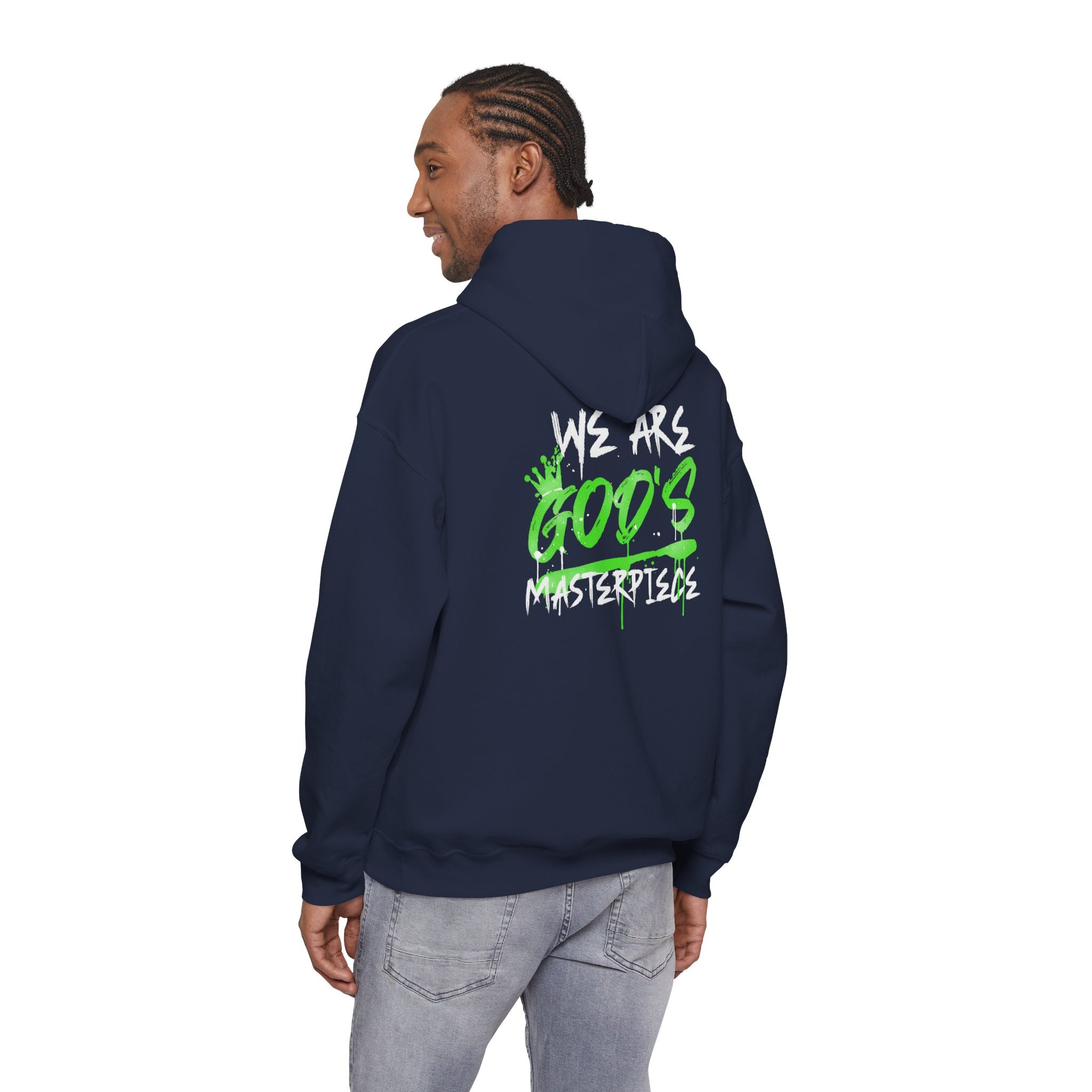 Hoodie — White 'God's' Neon Green Graffiti & Witty Worthy Chest Logo