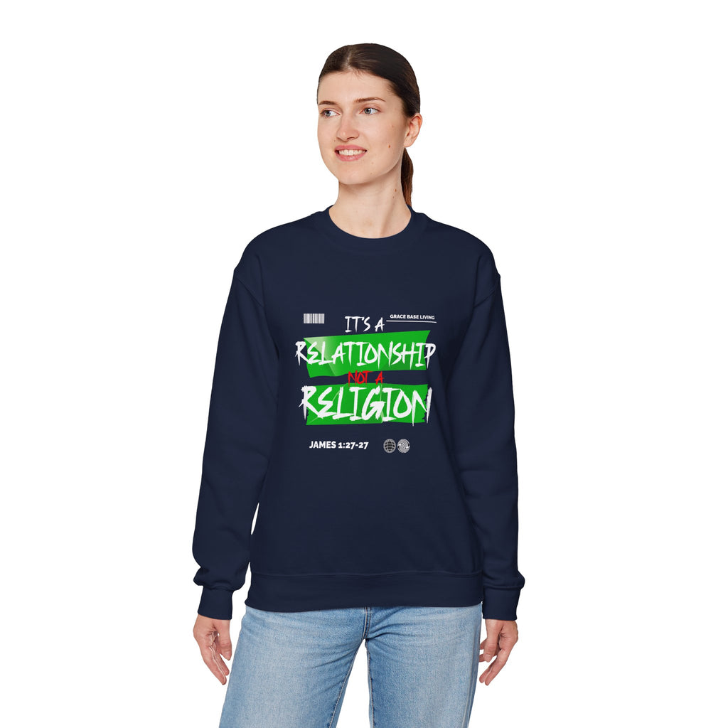 Crewneck Sweatshirt — "It's a Relationship Not a Religion" Christian Faith Graphic