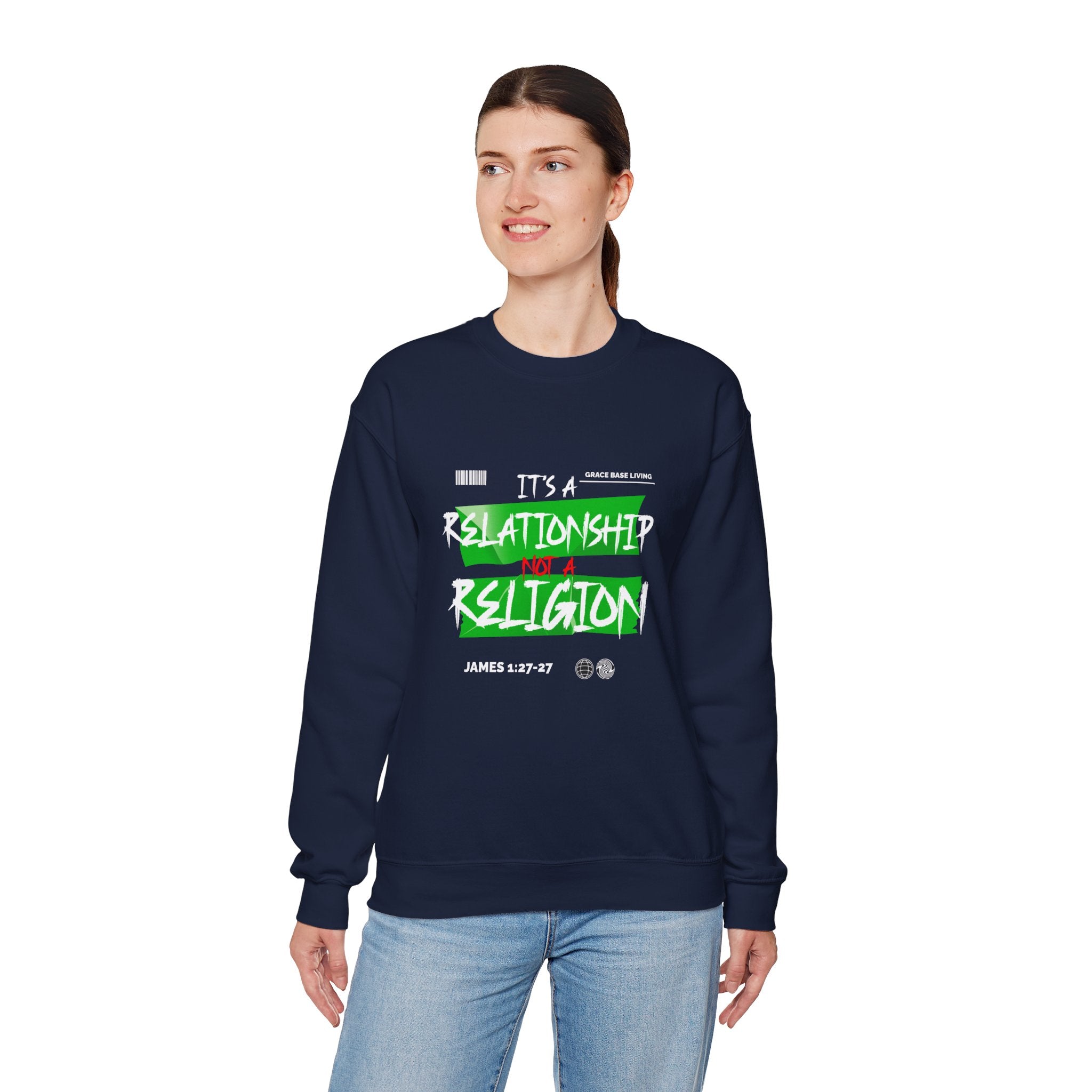 Crewneck Sweatshirt — "It's a Relationship Not a Religion" Christian Faith Graphic