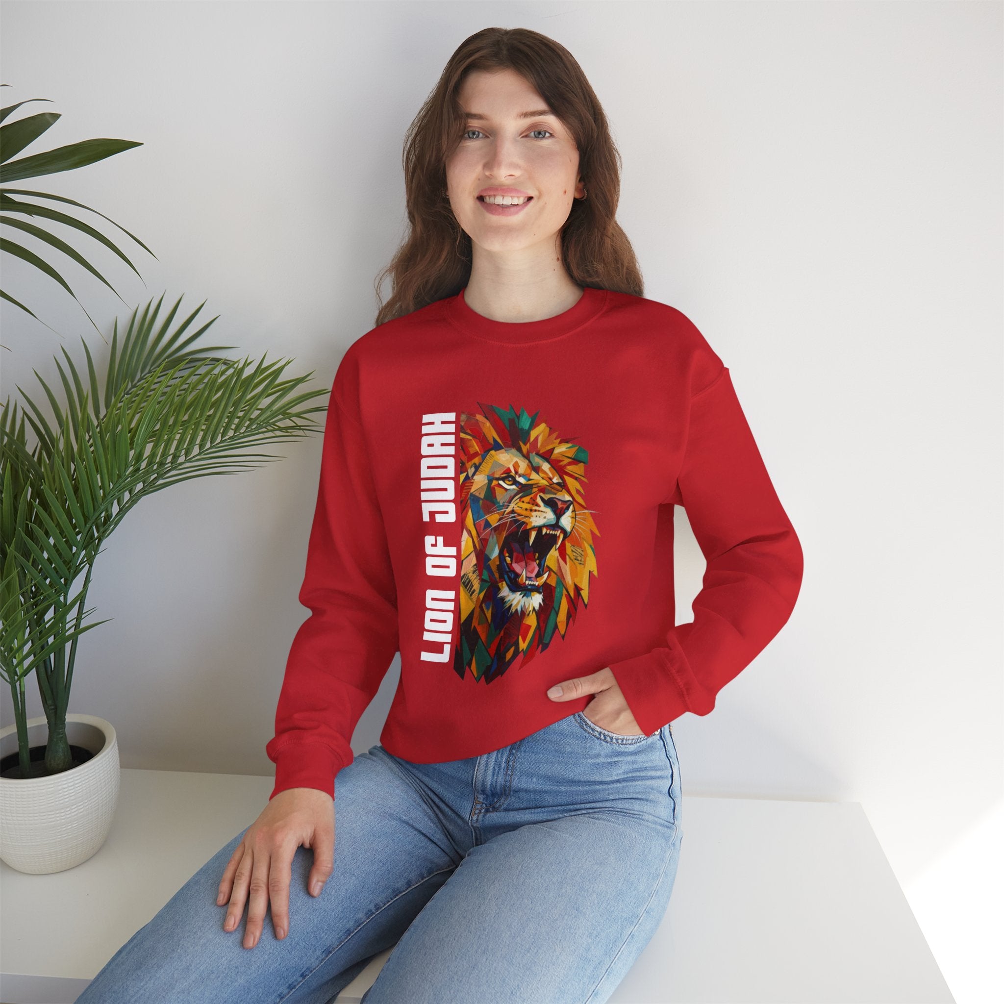 Lion of Judah Crewneck Sweatshirt — Colorful Roaring Lion Faith Graphic