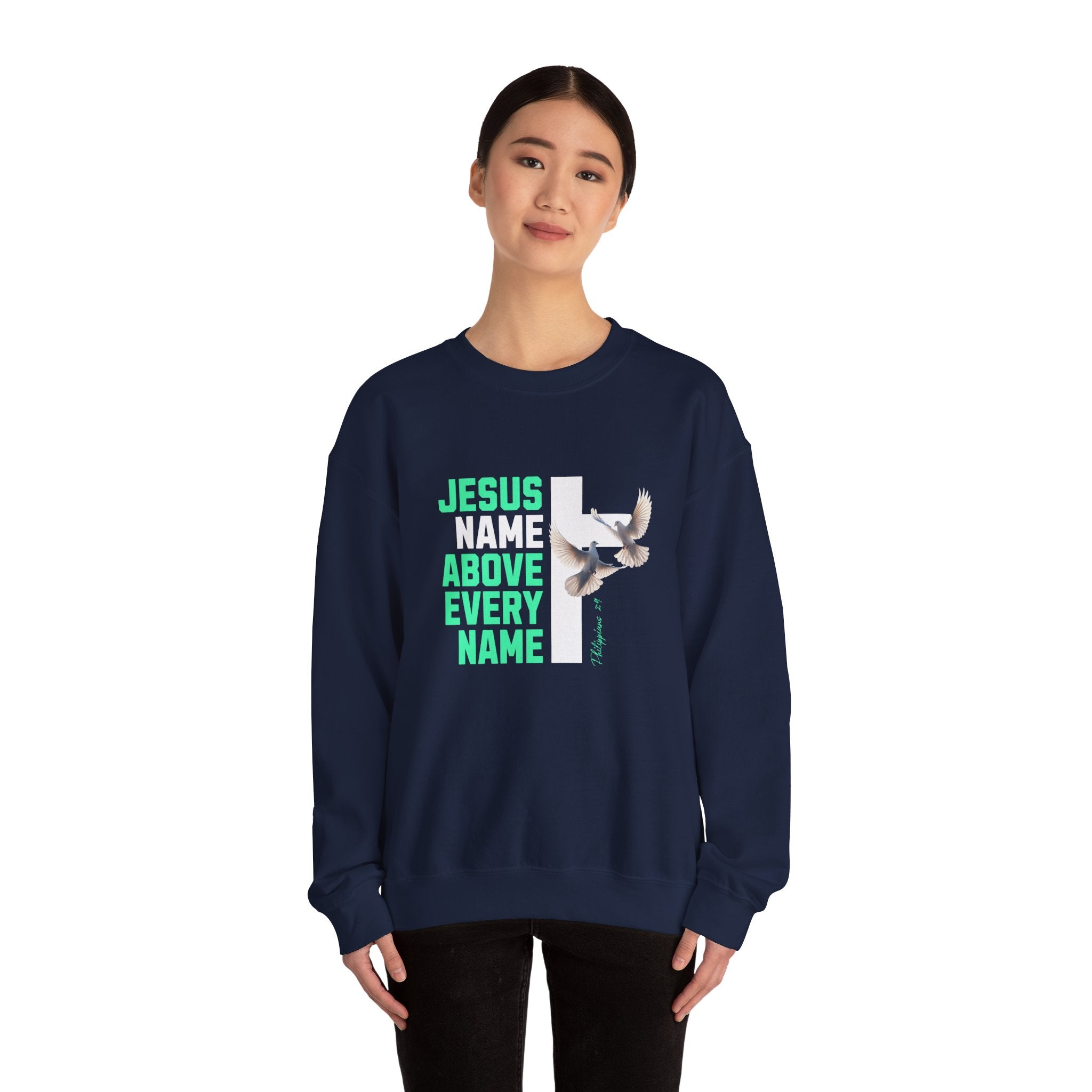 Jesus Name Above Every Name Sweatshirt — Christian Cross & Dove Crewneck