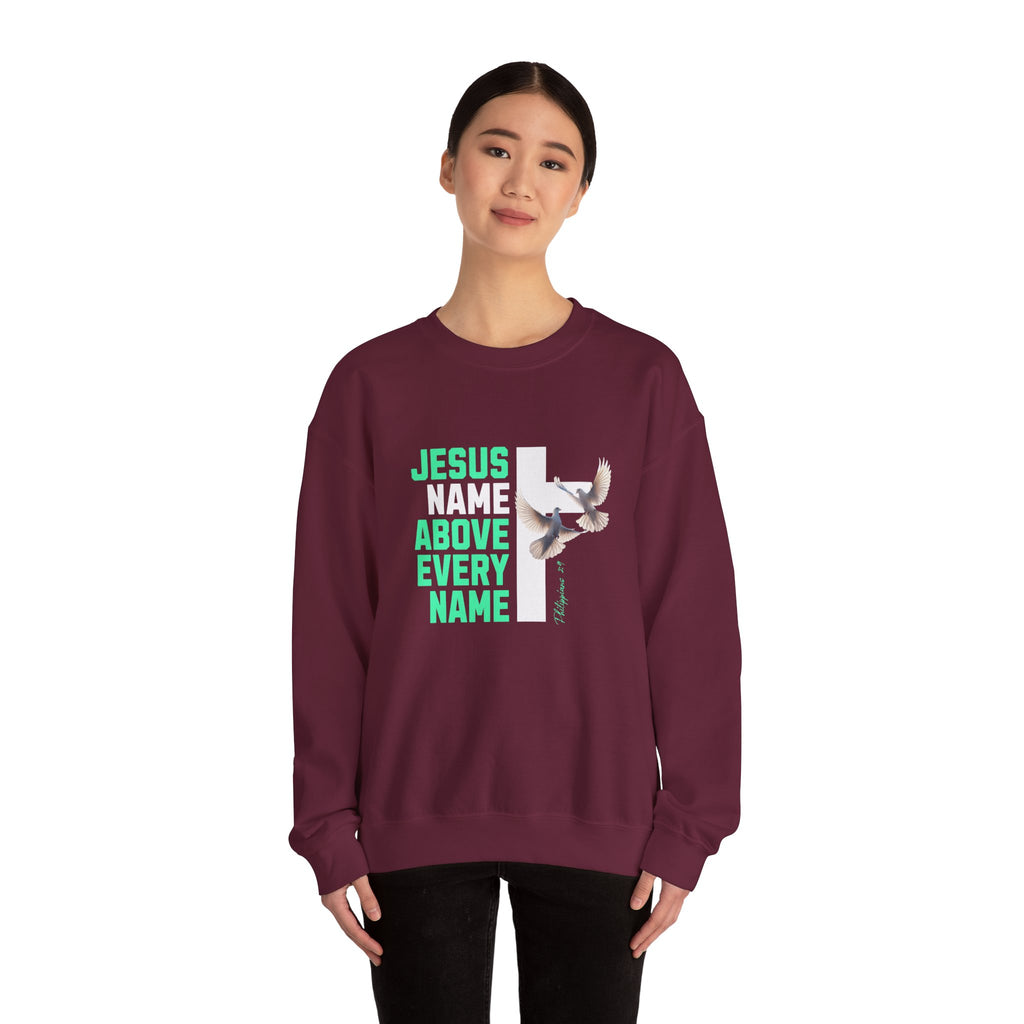 Jesus Name Above Every Name Sweatshirt — Christian Cross & Dove Crewneck